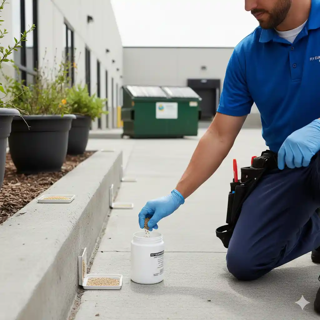 Professional applying fly bait in strategic locations to attract and eliminate flies