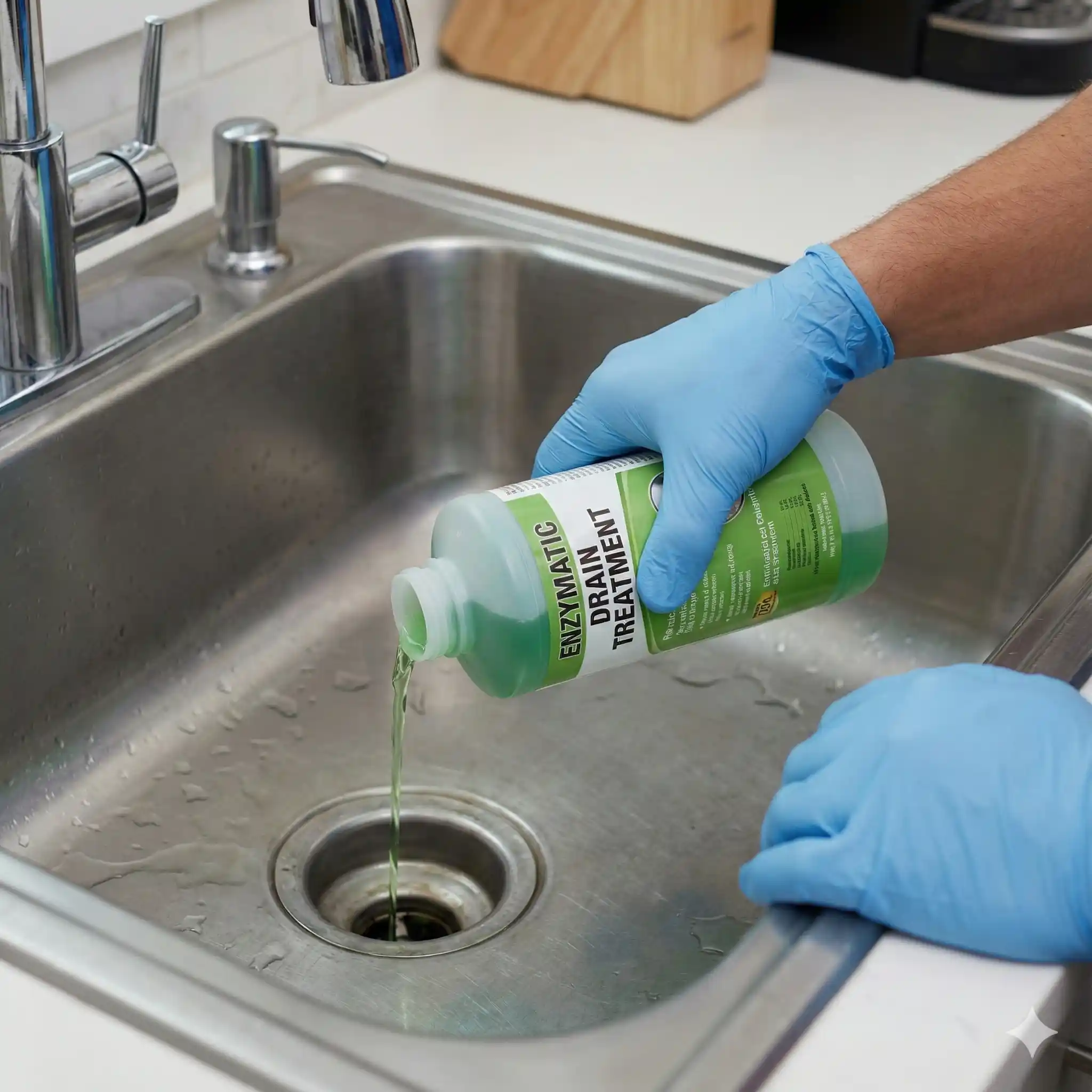 Technician applying enzymatic drain treatment to eliminate fly breeding sites in plumbing