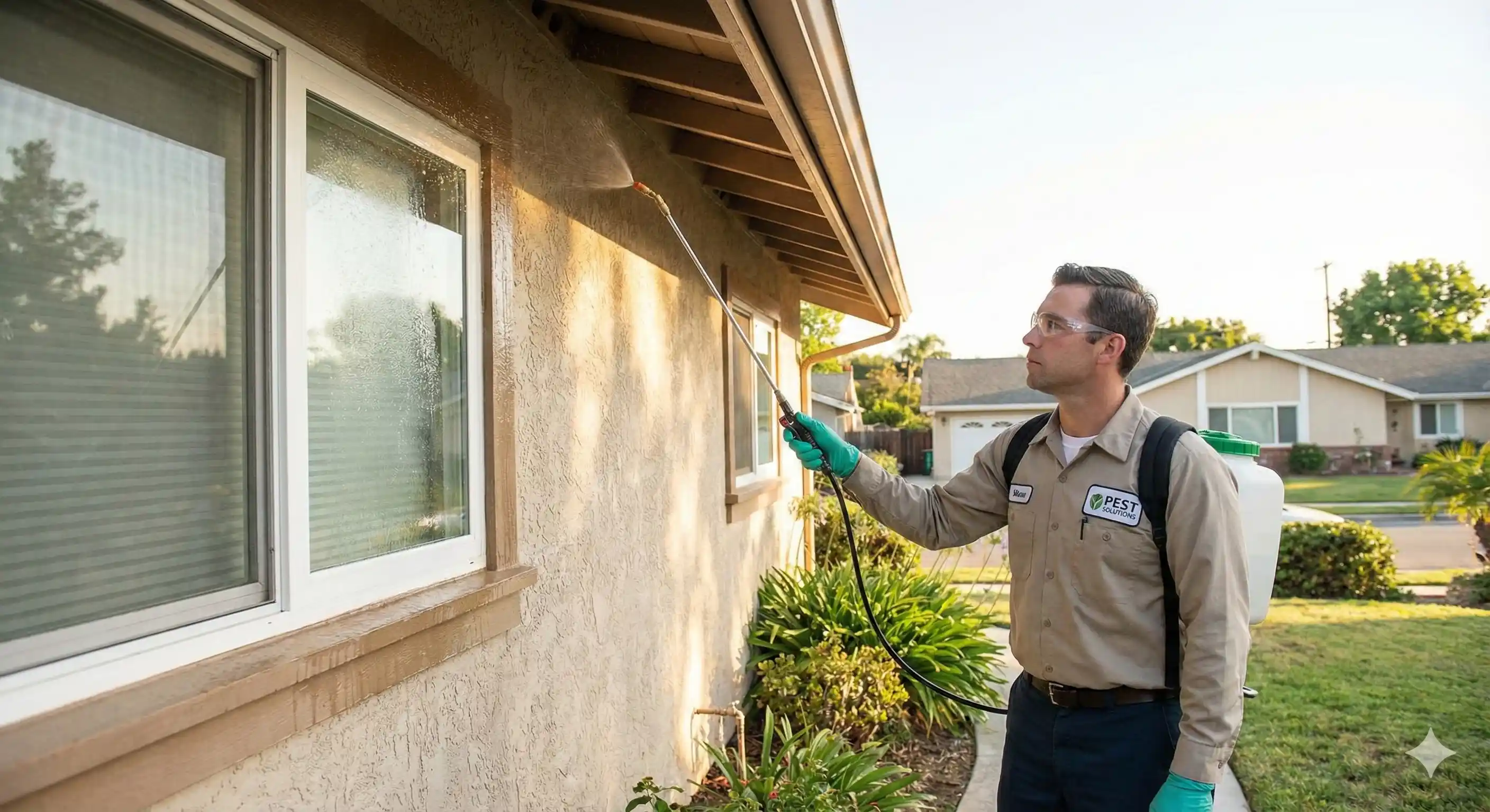 Technician applying residual insecticide treatment to exterior surfaces where flies rest and gather