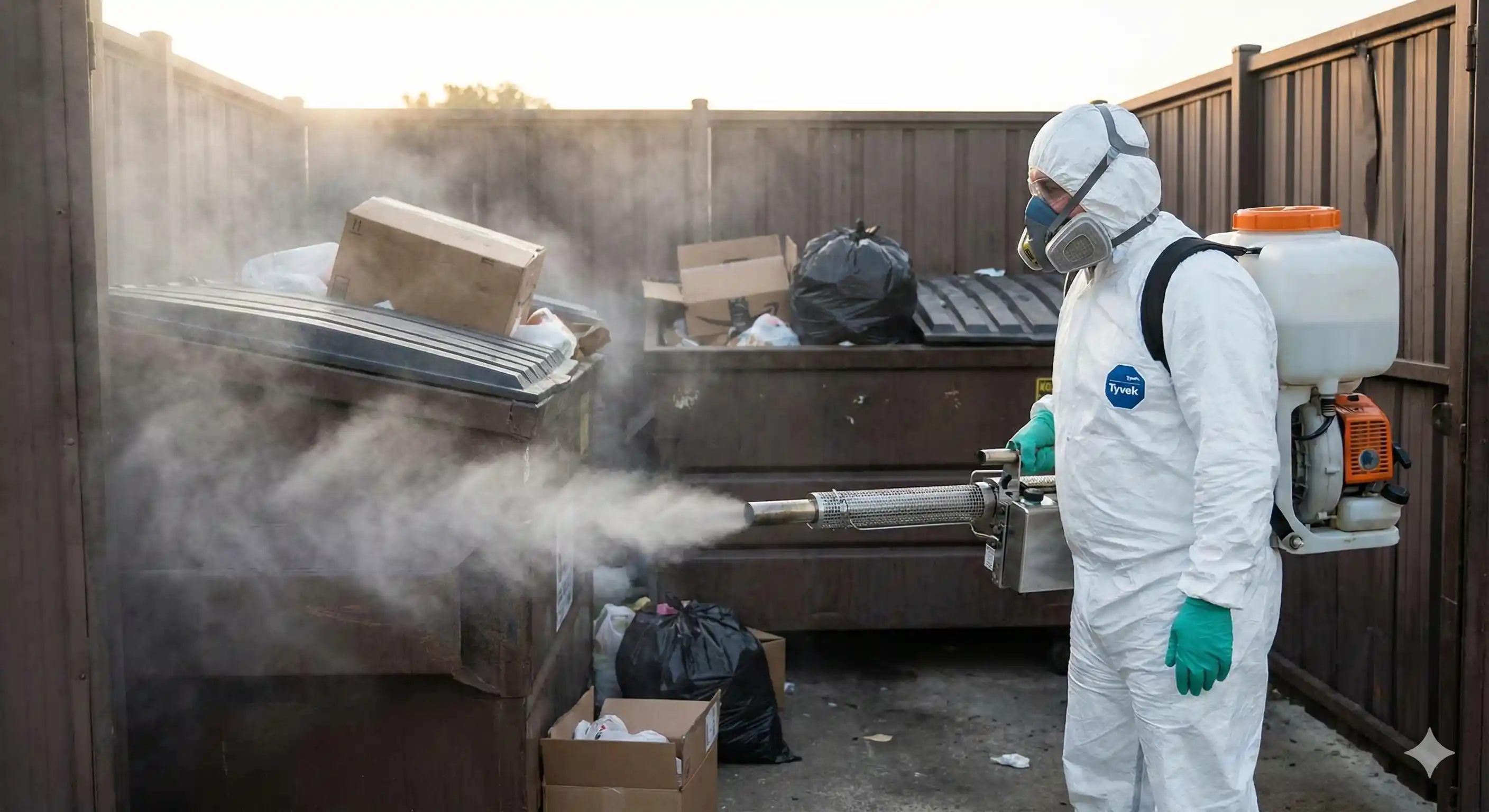 Pest control professional using ULV fogging equipment to treat fly harborage areas