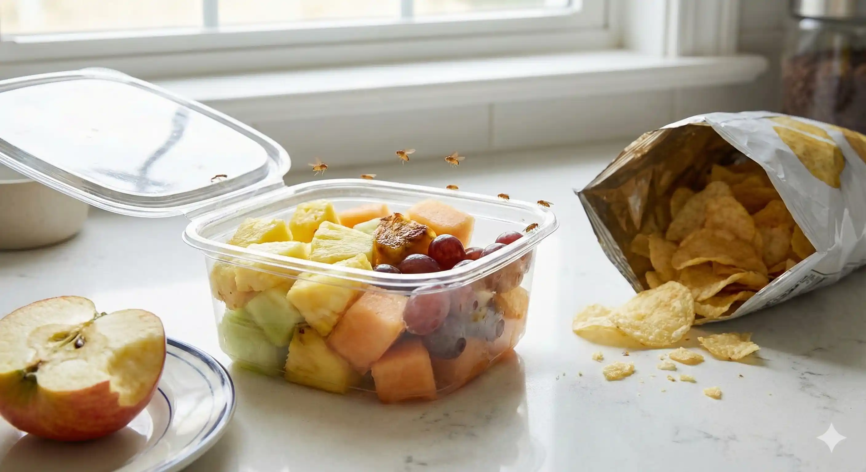 Unsealed food containers and open produce attracting fruit flies