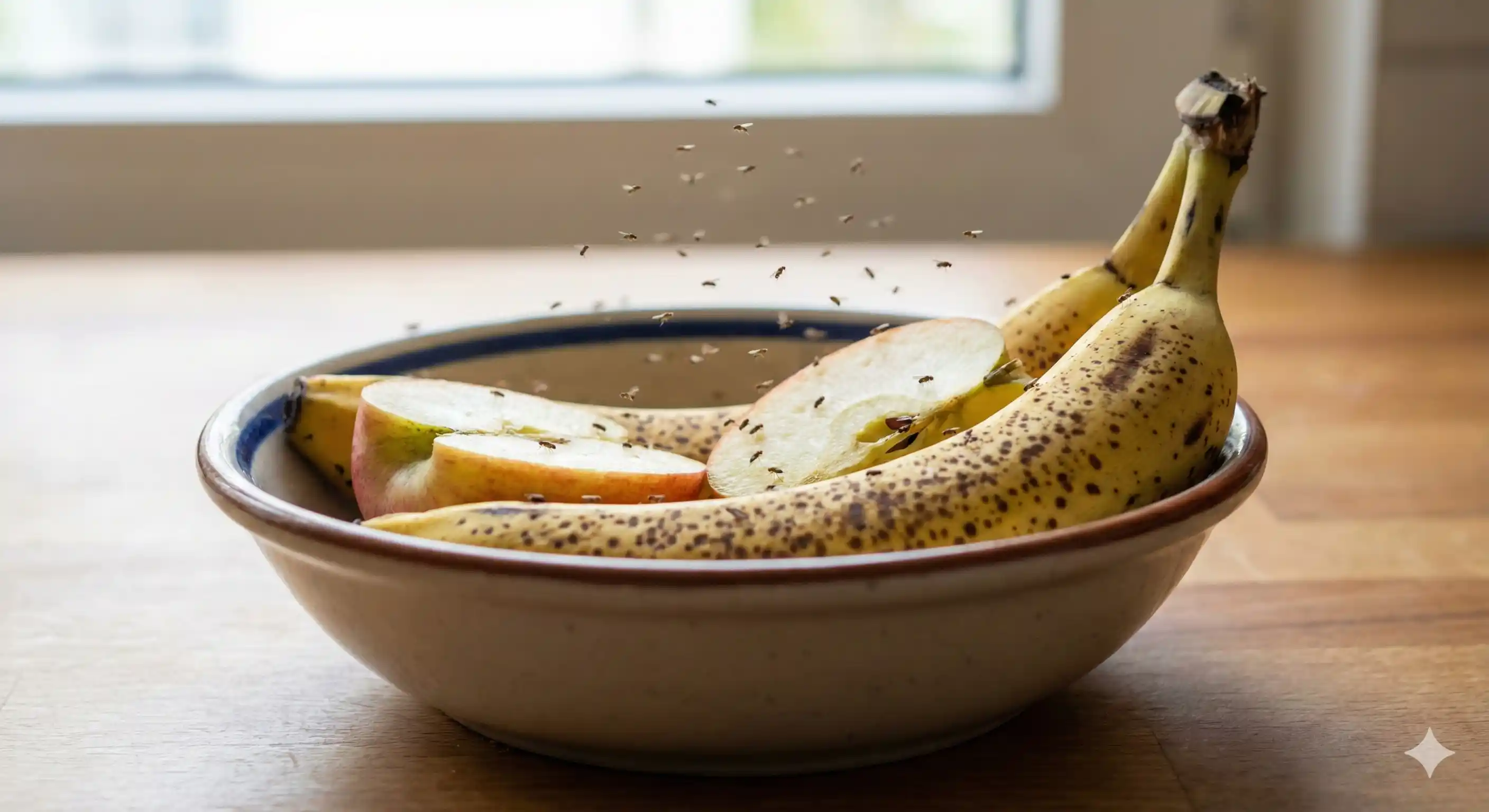 Adult fruit flies with characteristic red eyes hovering near fruit