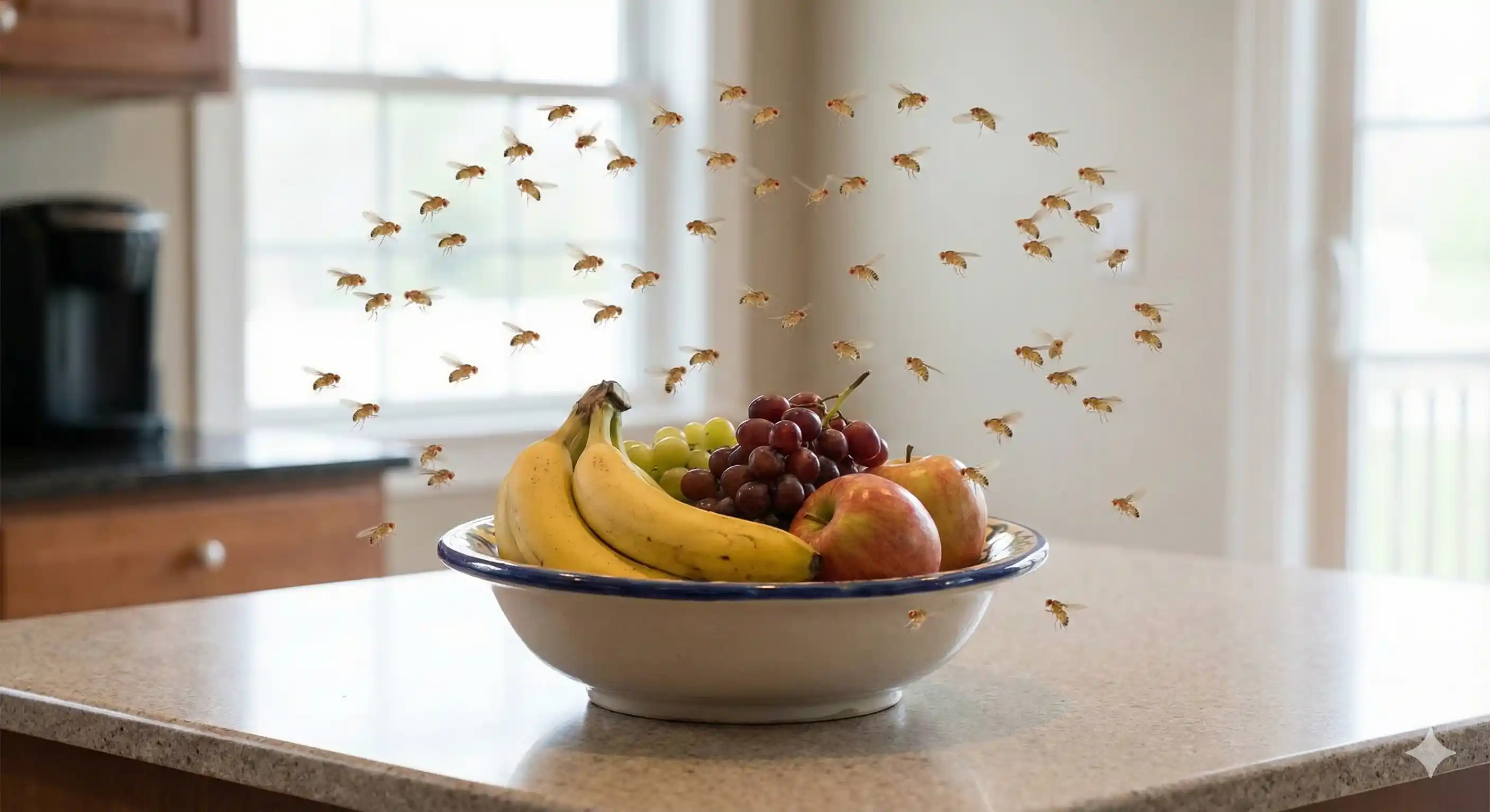 Fruit flies hovering around fruit bowl or trash area