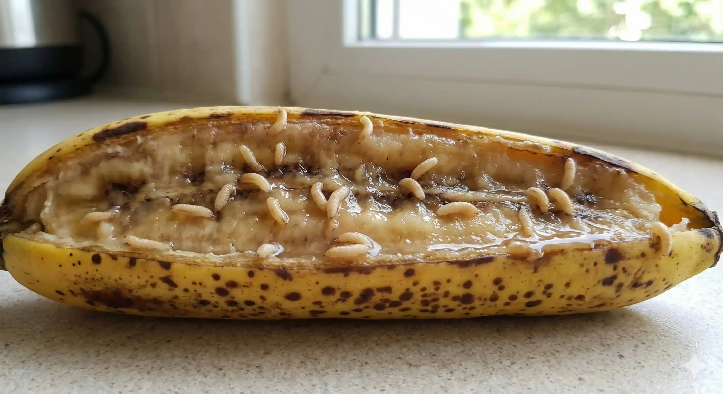 Fruit fly larvae visible in decaying fruit or produce