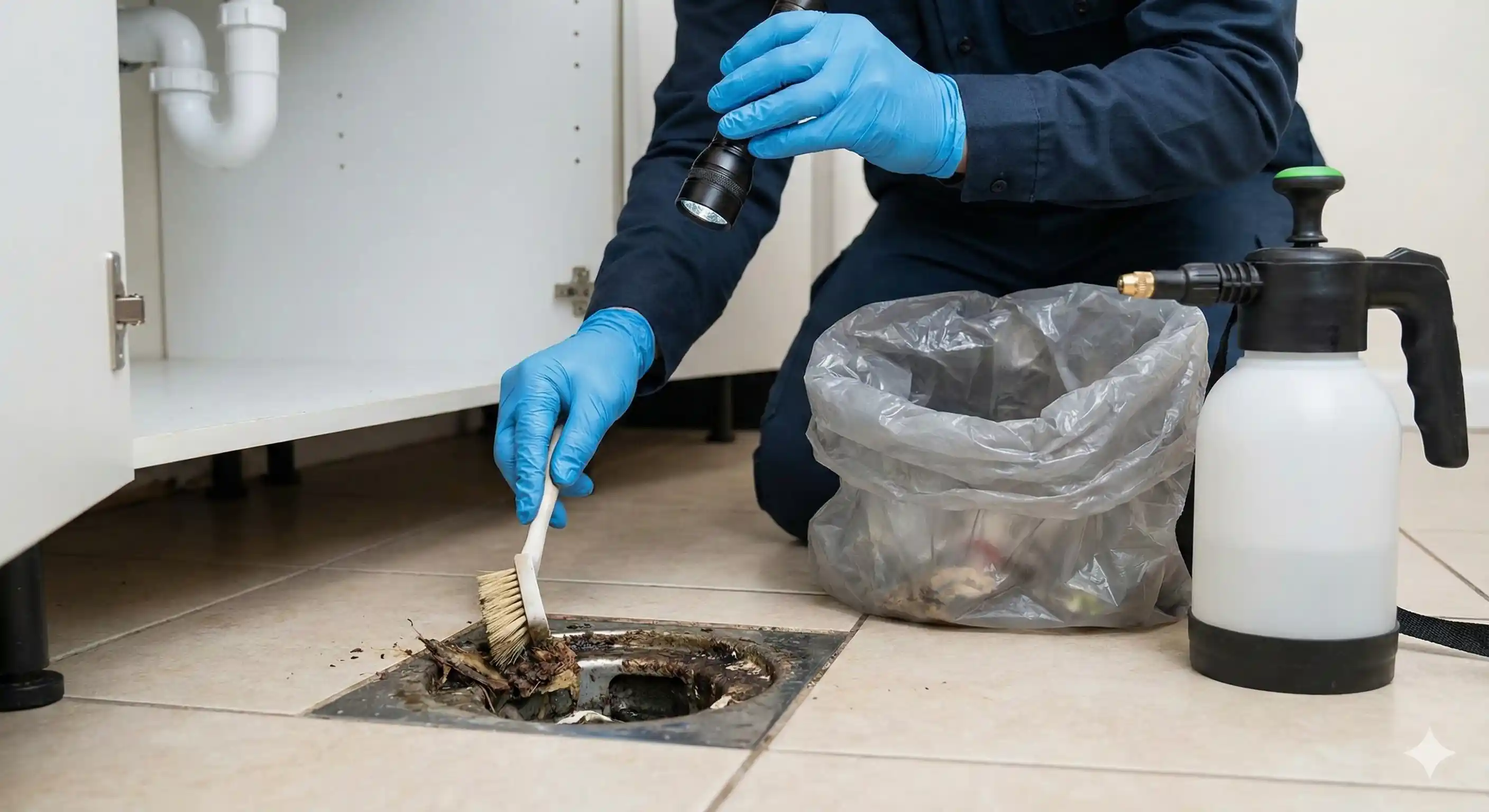Technician identifying and eliminating fruit fly breeding sources in kitchen
