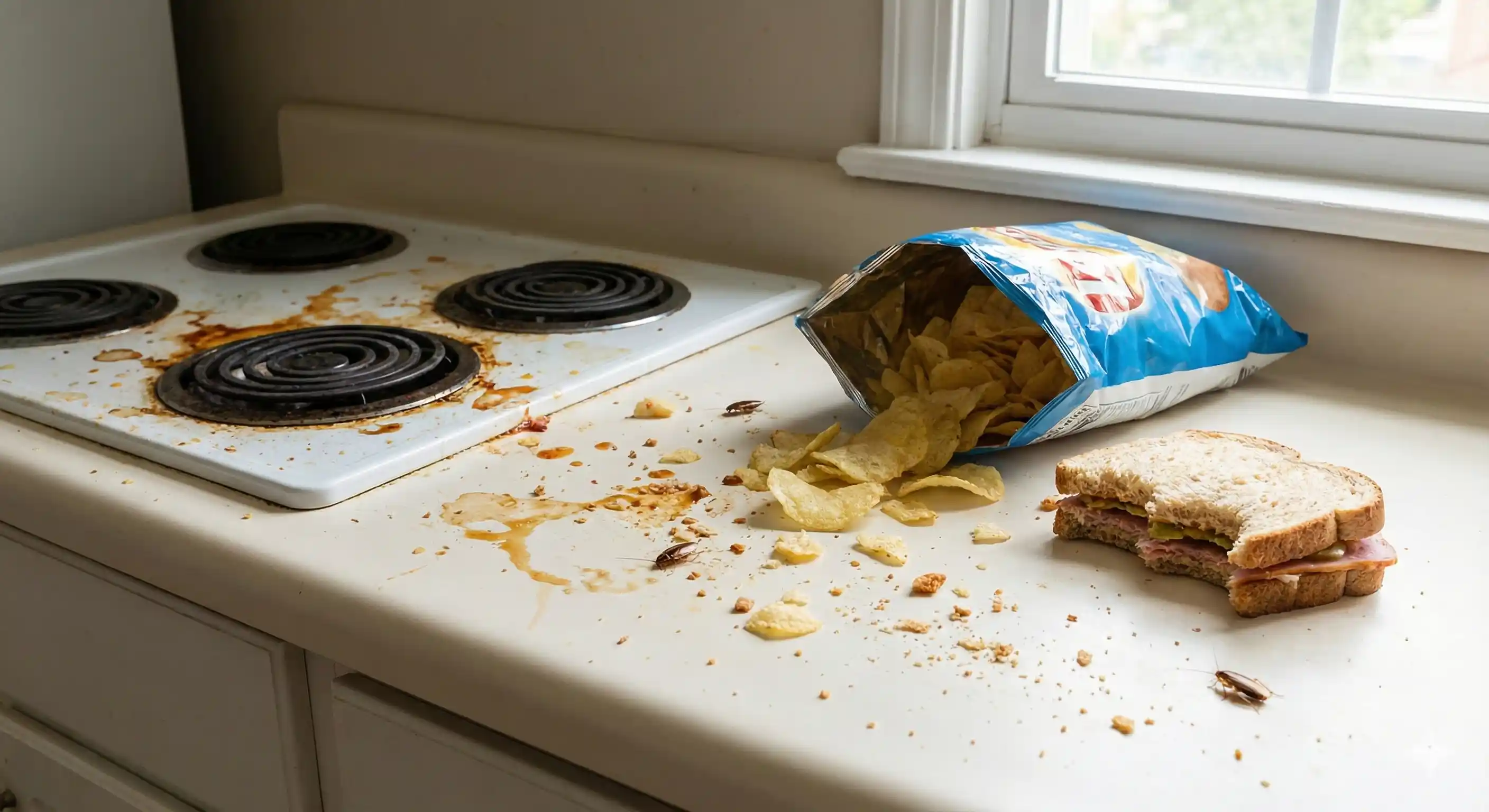 Kitchen with food residue and crumbs attracting German cockroaches