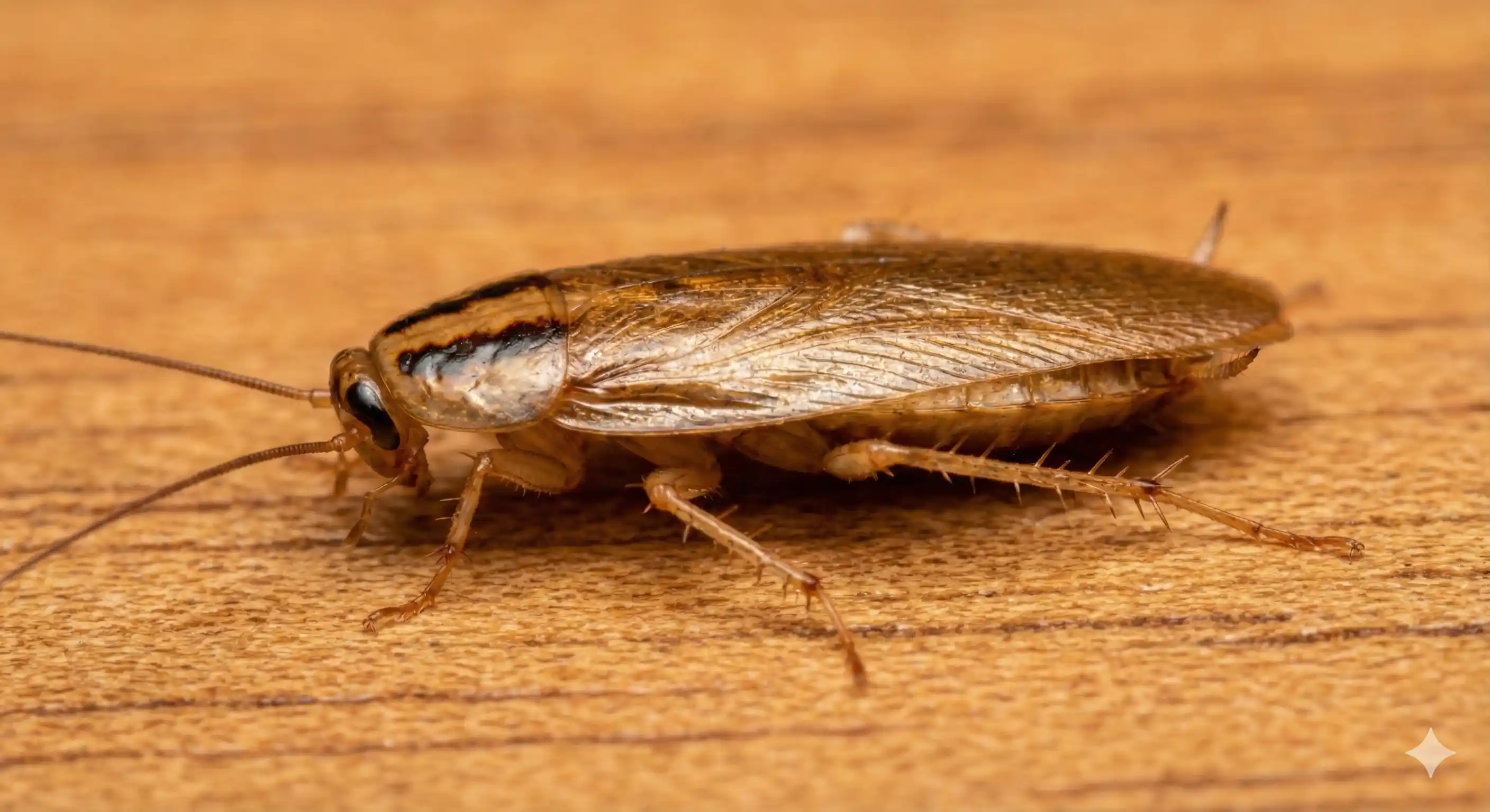 German cockroach showing characteristic light brown color and dark stripes