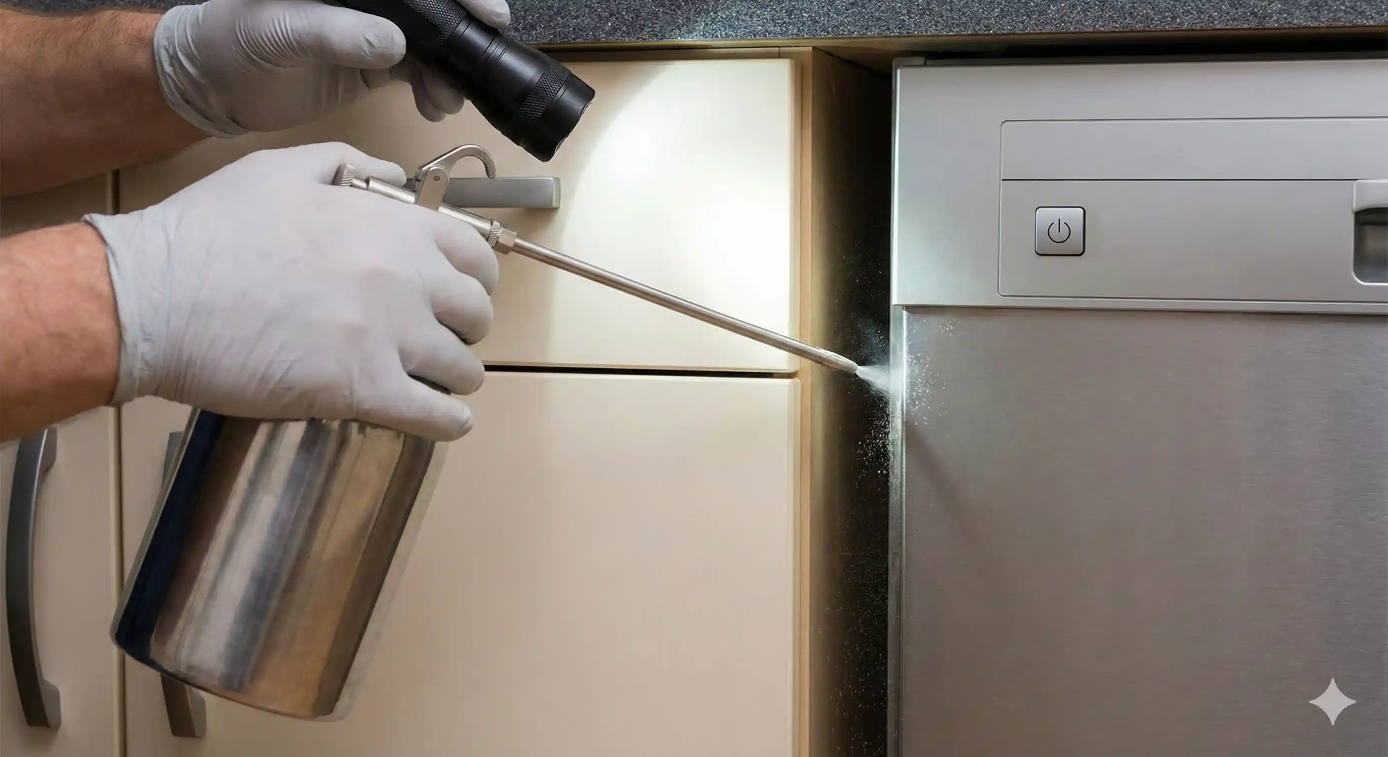 Technician performing precision crack and crevice treatment for cockroaches