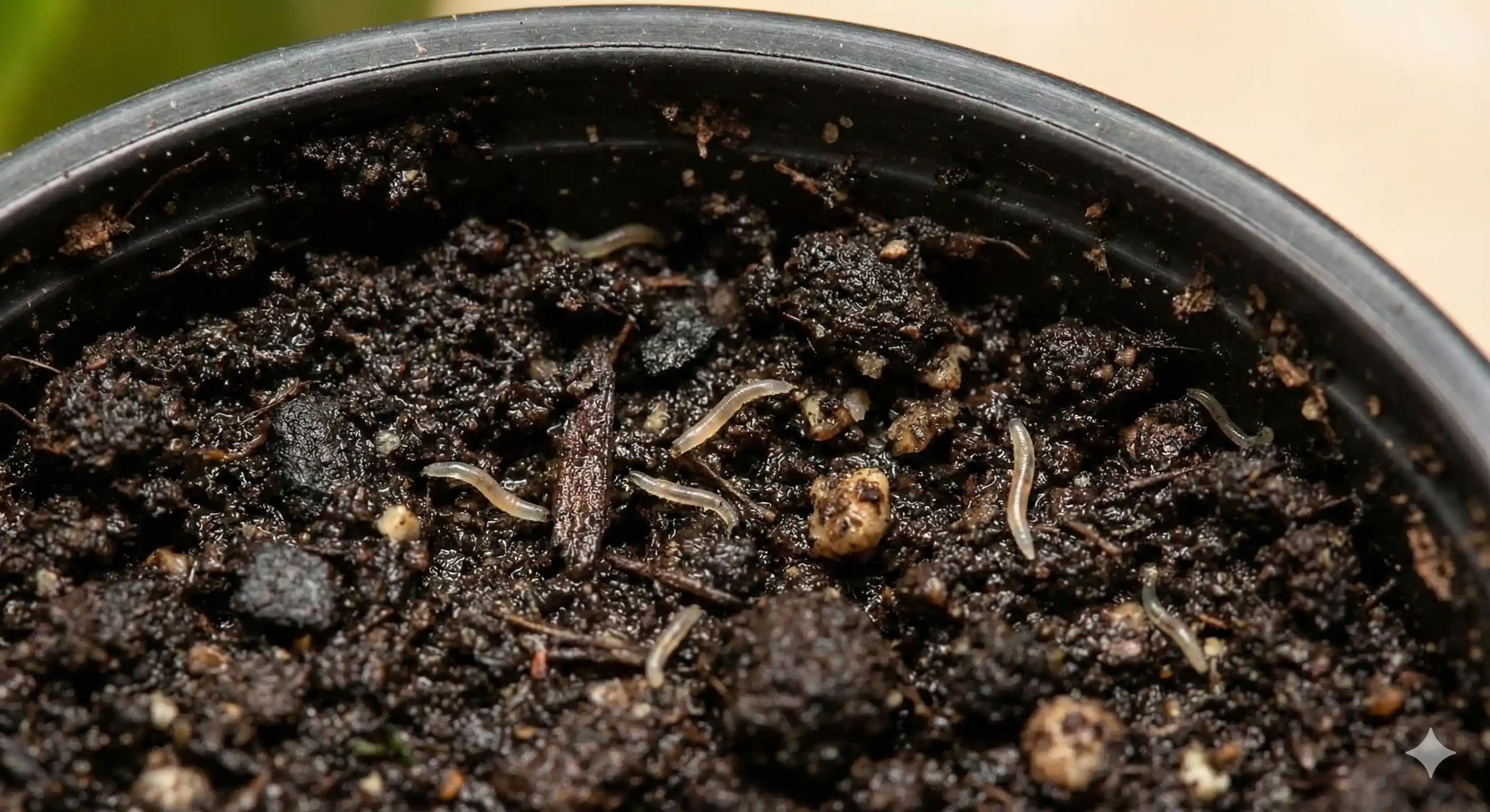Fungus gnat larvae visible in potted plant soil