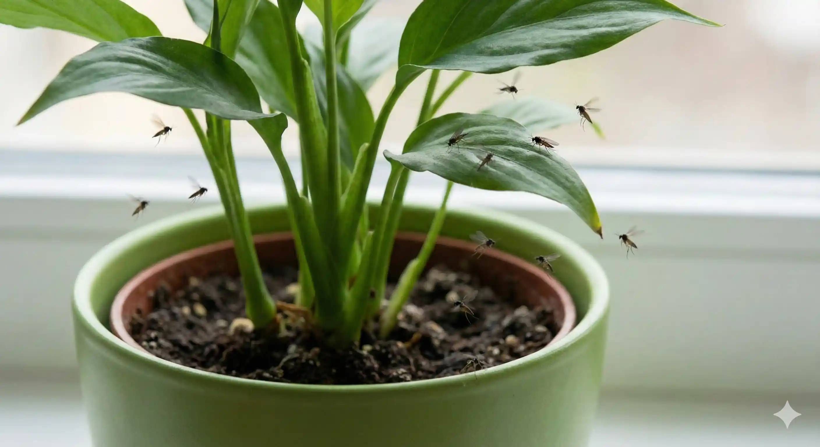 Small gnats hovering around houseplant indicating fungus gnat infestation