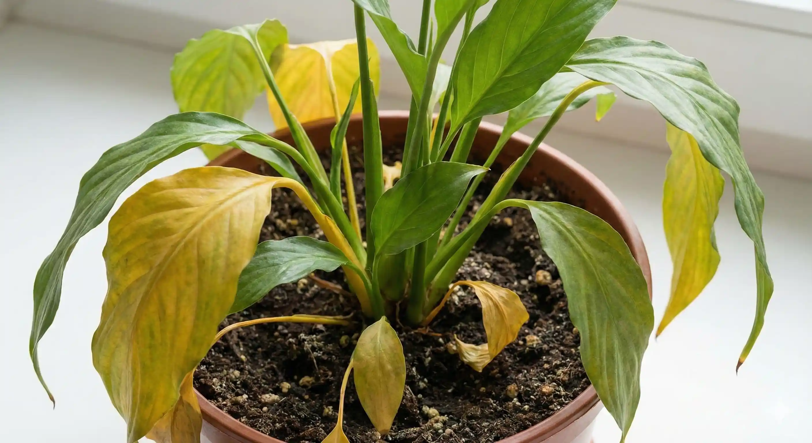 Houseplant showing yellowing and wilting from fungus gnat root damage