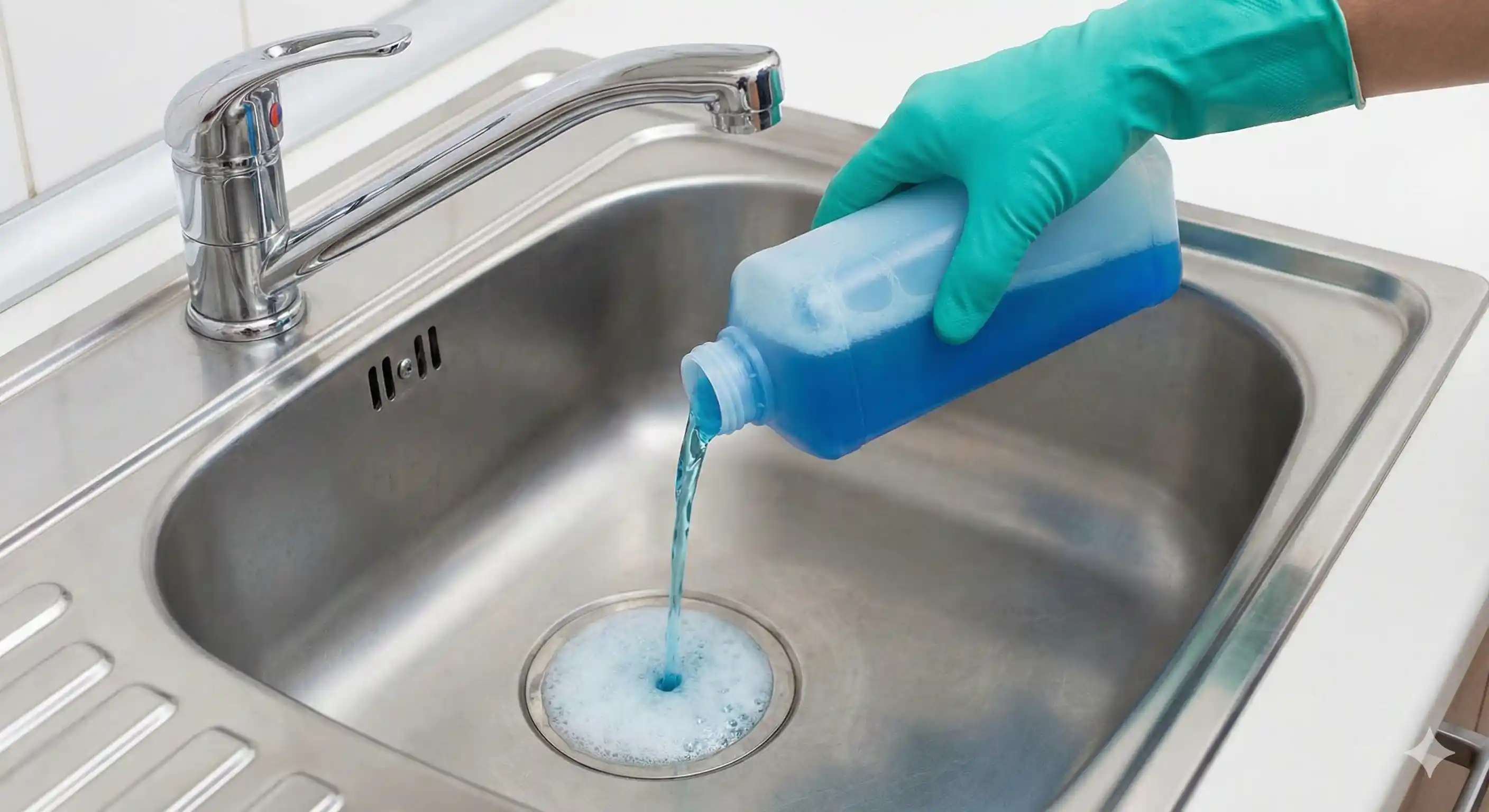 Technician applying enzymatic drain treatment to eliminate gnat breeding sites in plumbing