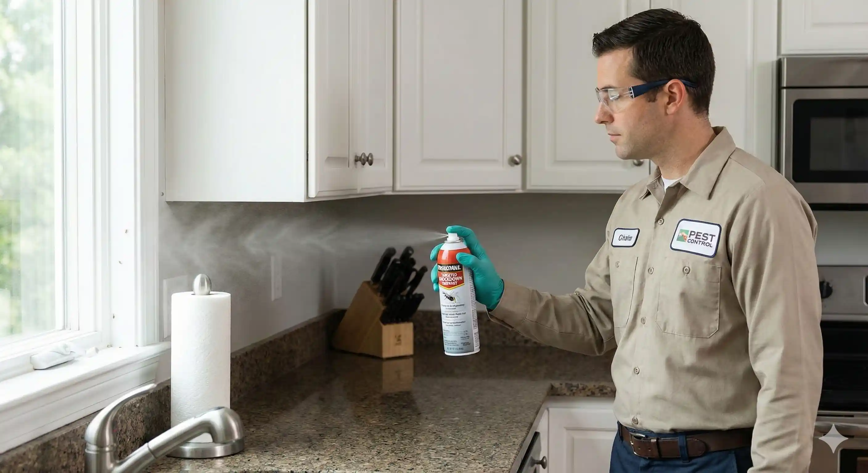 Pest control professional applying treatment to eliminate adult gnat populations