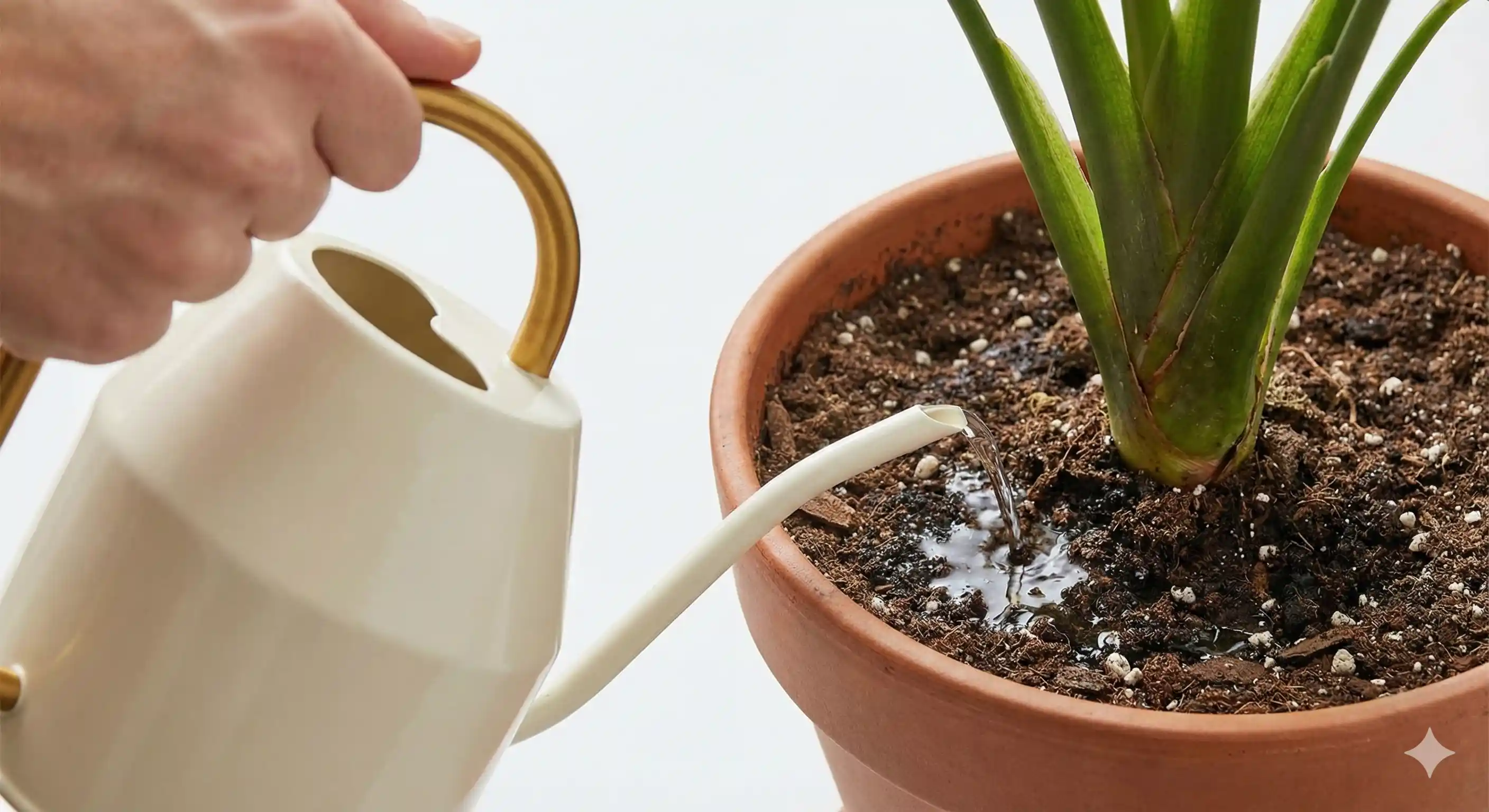 Applying soil drench treatment to potted plant to eliminate fungus gnat larvae