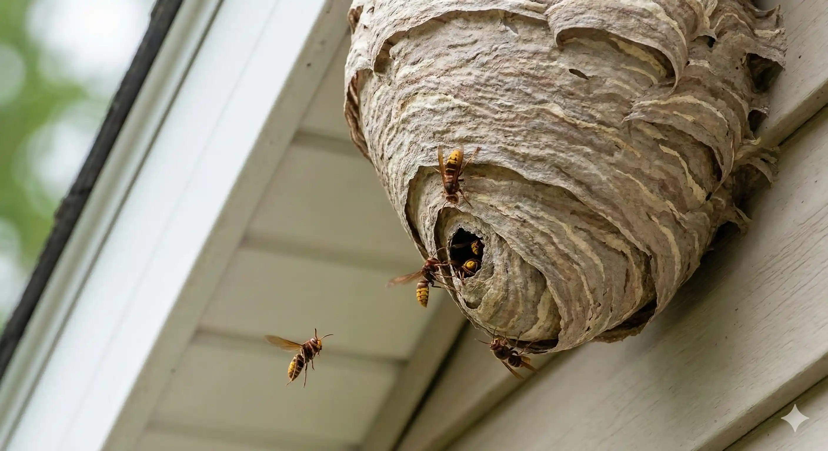 Multiple hornets flying near established nest location