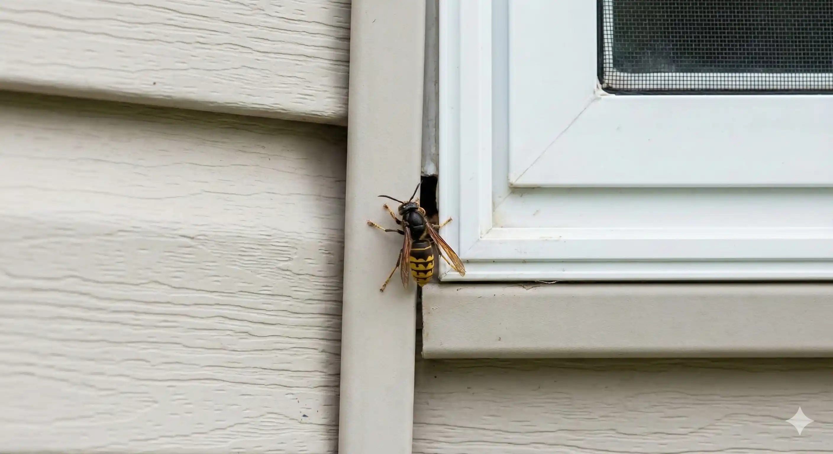 Hornet entering gap in siding indicating hidden nest in wall void