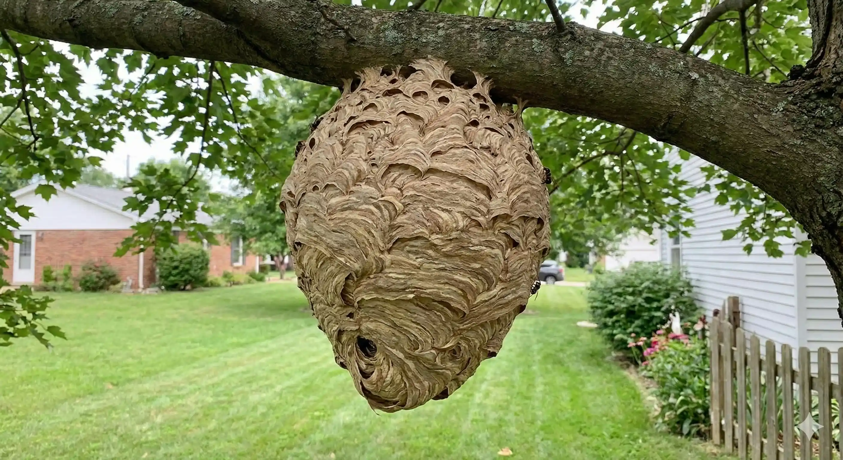 Large gray paper hornet nest attached to tree branch or eave