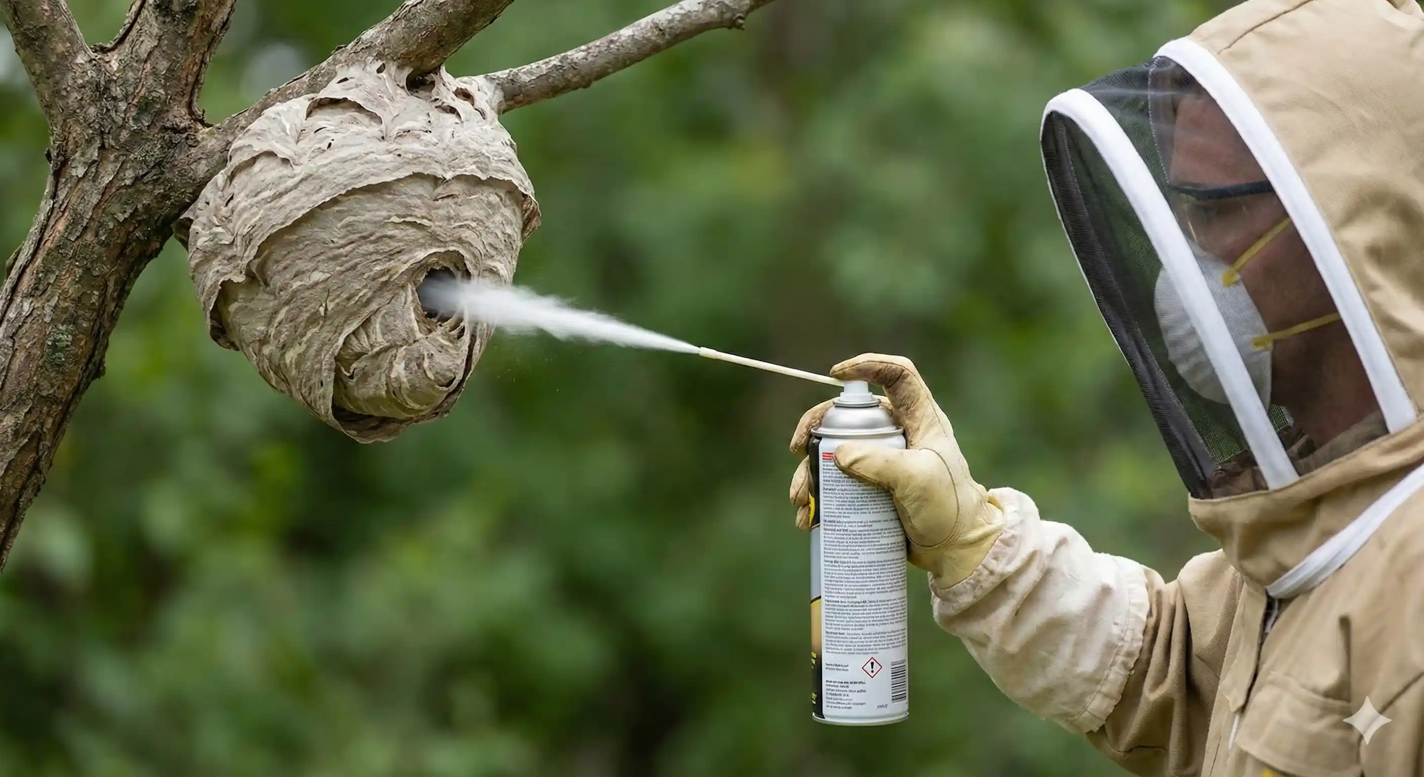 Pest control professional applying targeted insecticide treatment to hornet nest