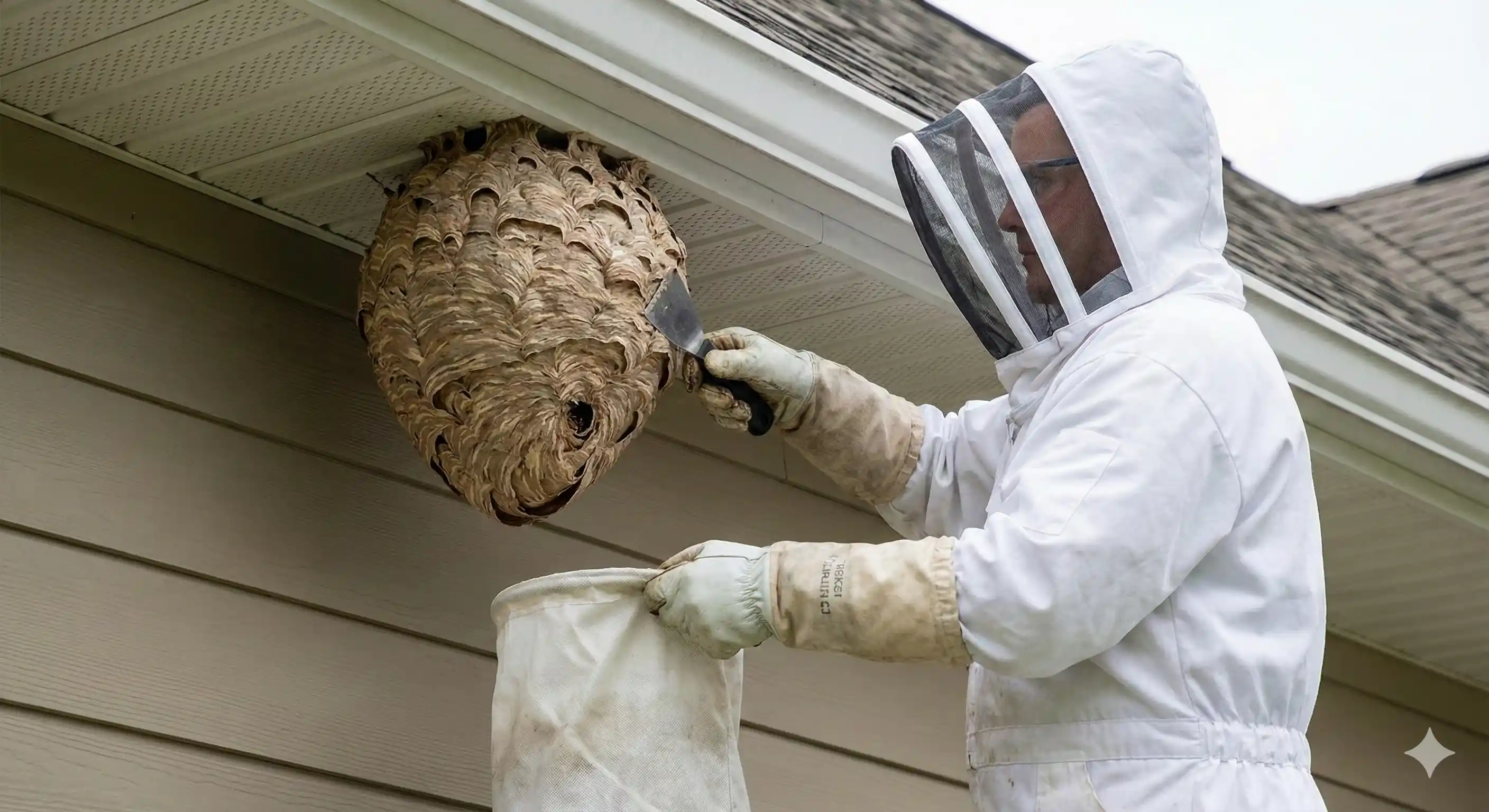 Technician in protective suit safely removing hornet nest from residential property