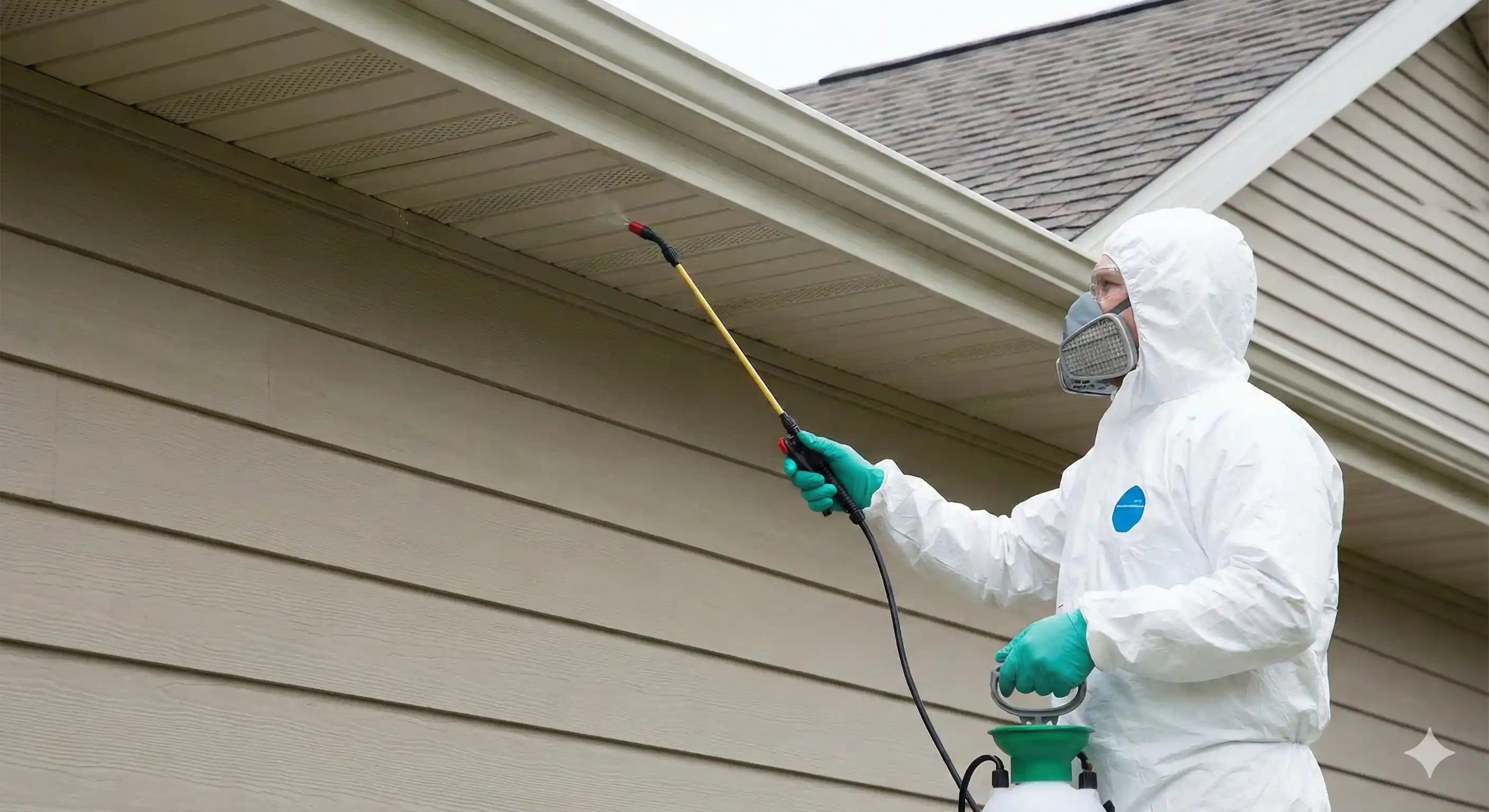 Applying preventive barrier treatment to eaves and soffits to deter hornet nesting