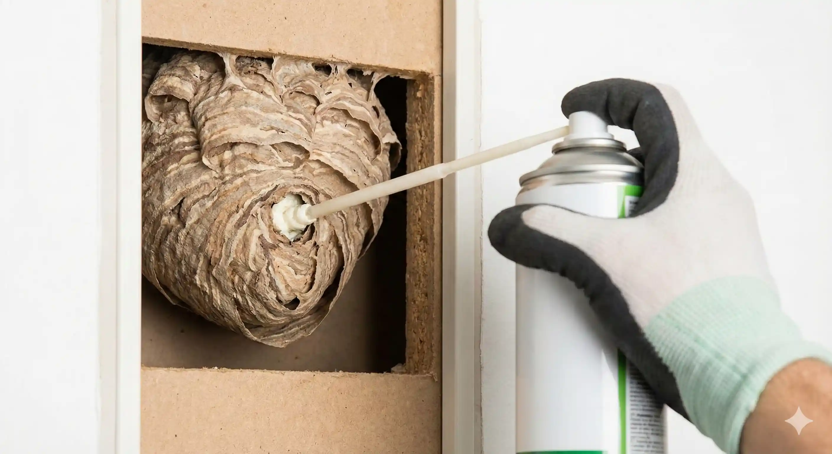 Technician applying expanding spray foam treatment to encapsulate and eliminate hornet nest