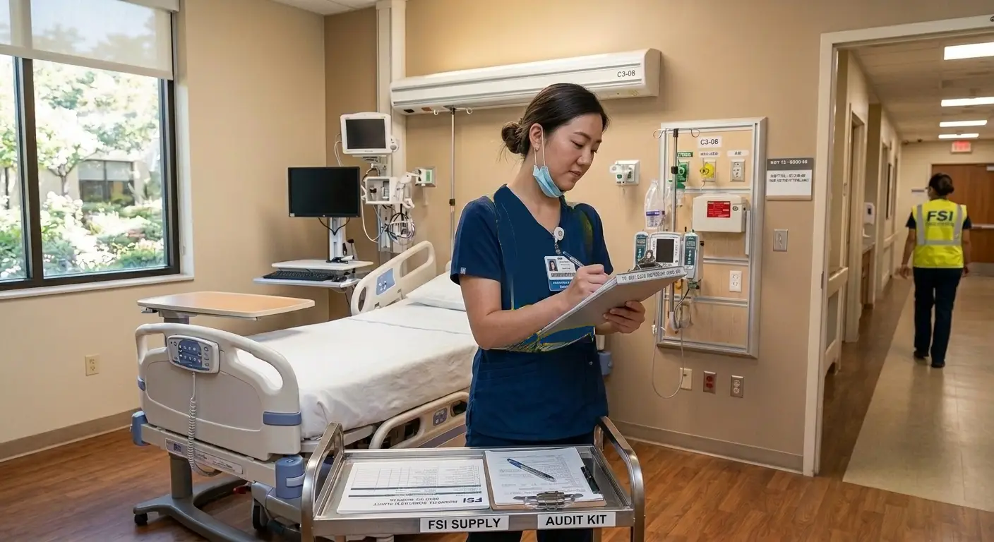 Hospital staff inspecting patient room for bed bug activity