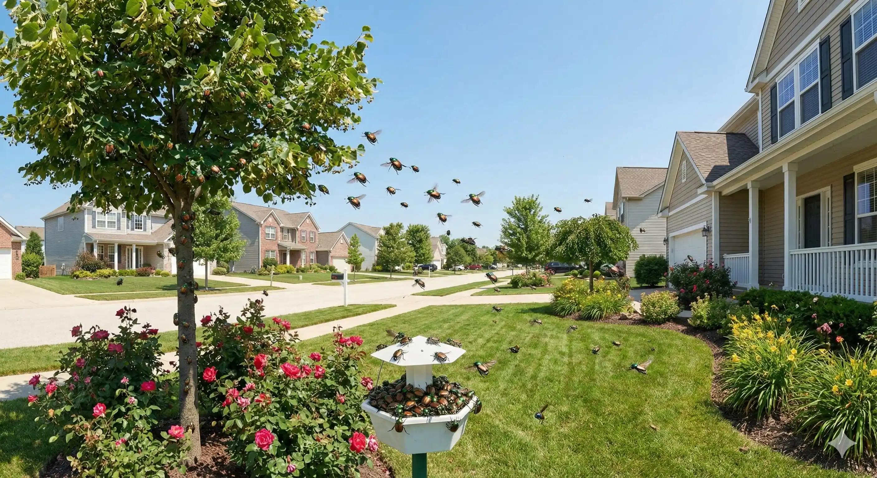 Residential neighborhood where Japanese beetles spread between properties