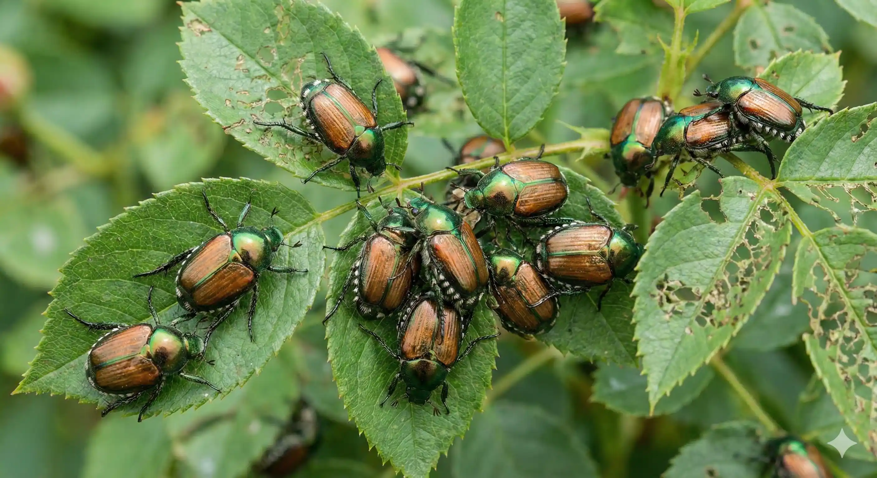 Group of adult Japanese beetles congregating on plant foliage