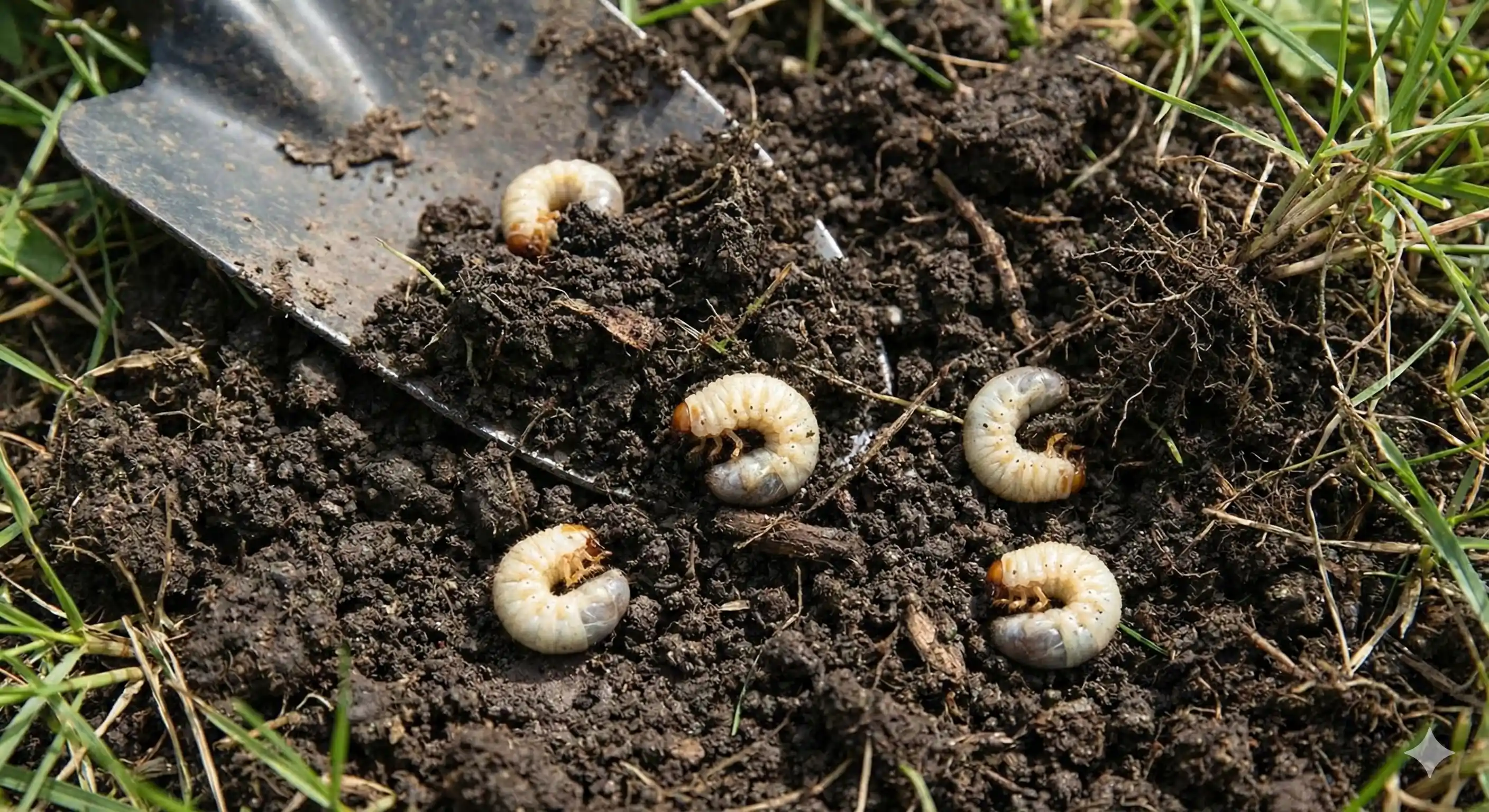 White C-shaped Japanese beetle grubs visible in soil