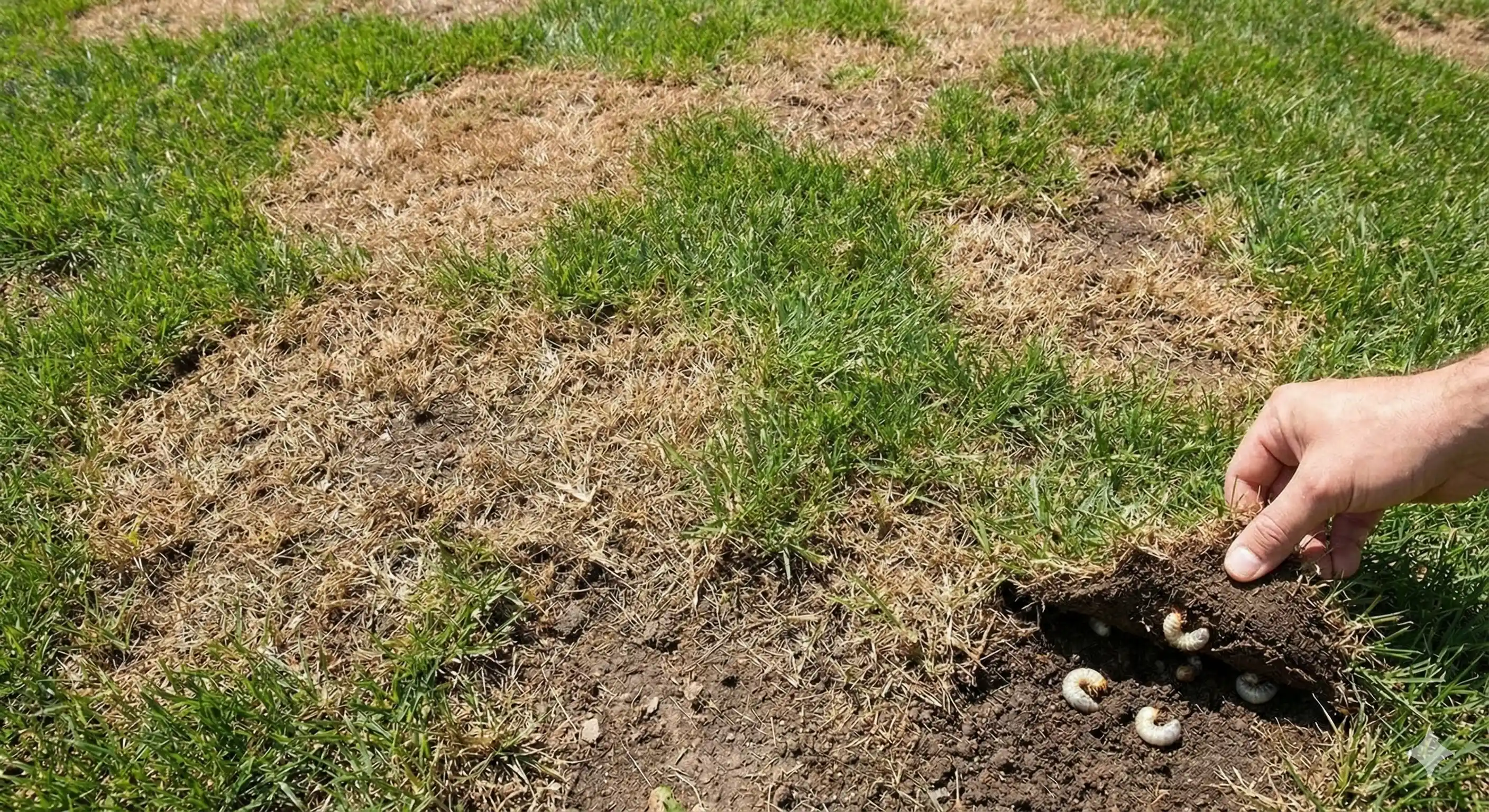 Brown patches in lawn caused by Japanese beetle grub root feeding