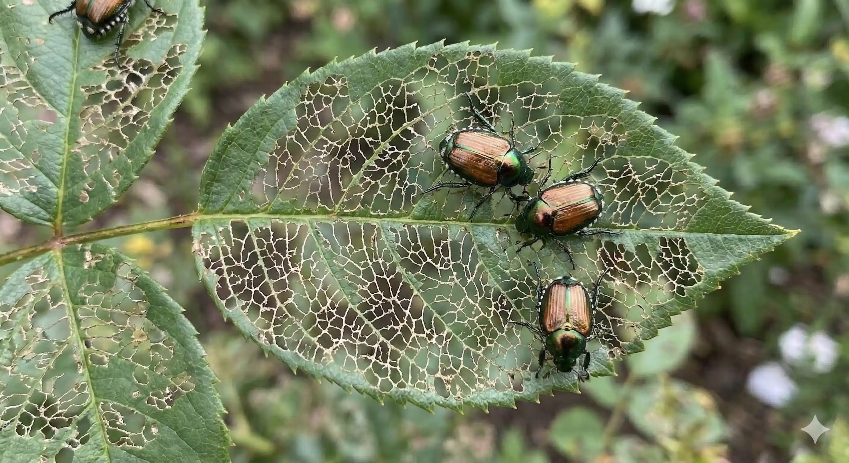 Skeletonized leaf showing characteristic Japanese beetle feeding damage