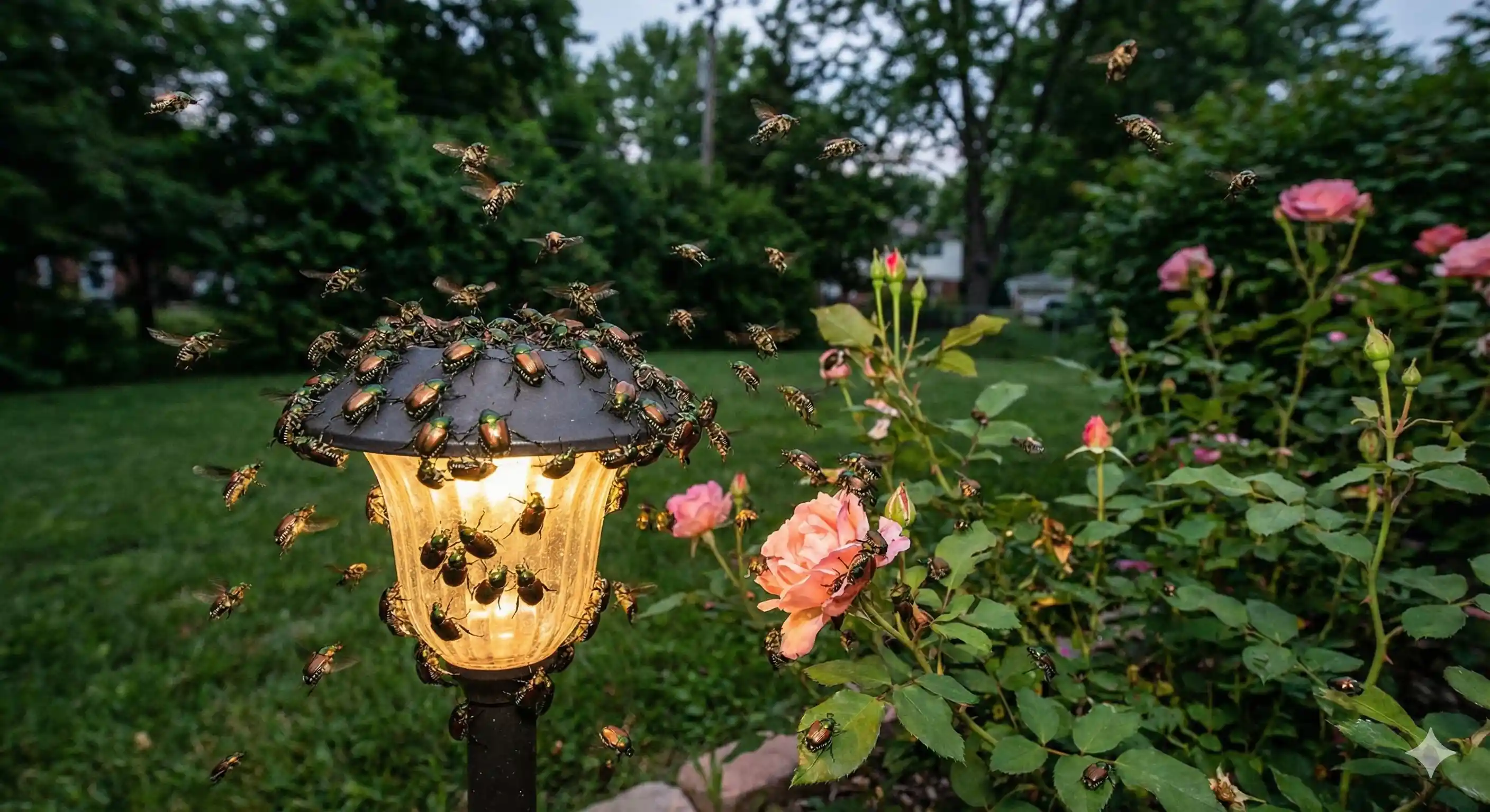 Japanese beetles swarming near lights during evening emergence period