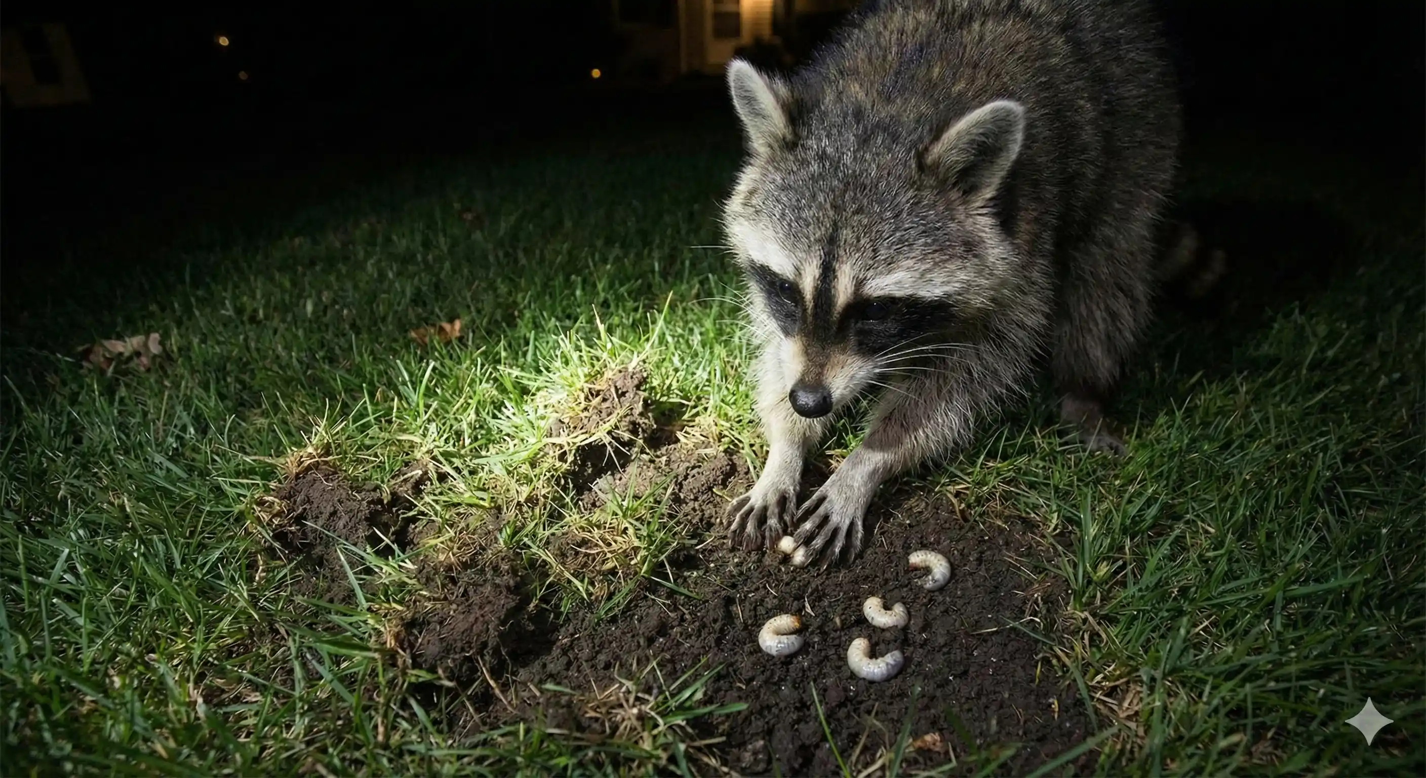 Lawn damage from wildlife digging for Japanese beetle grubs