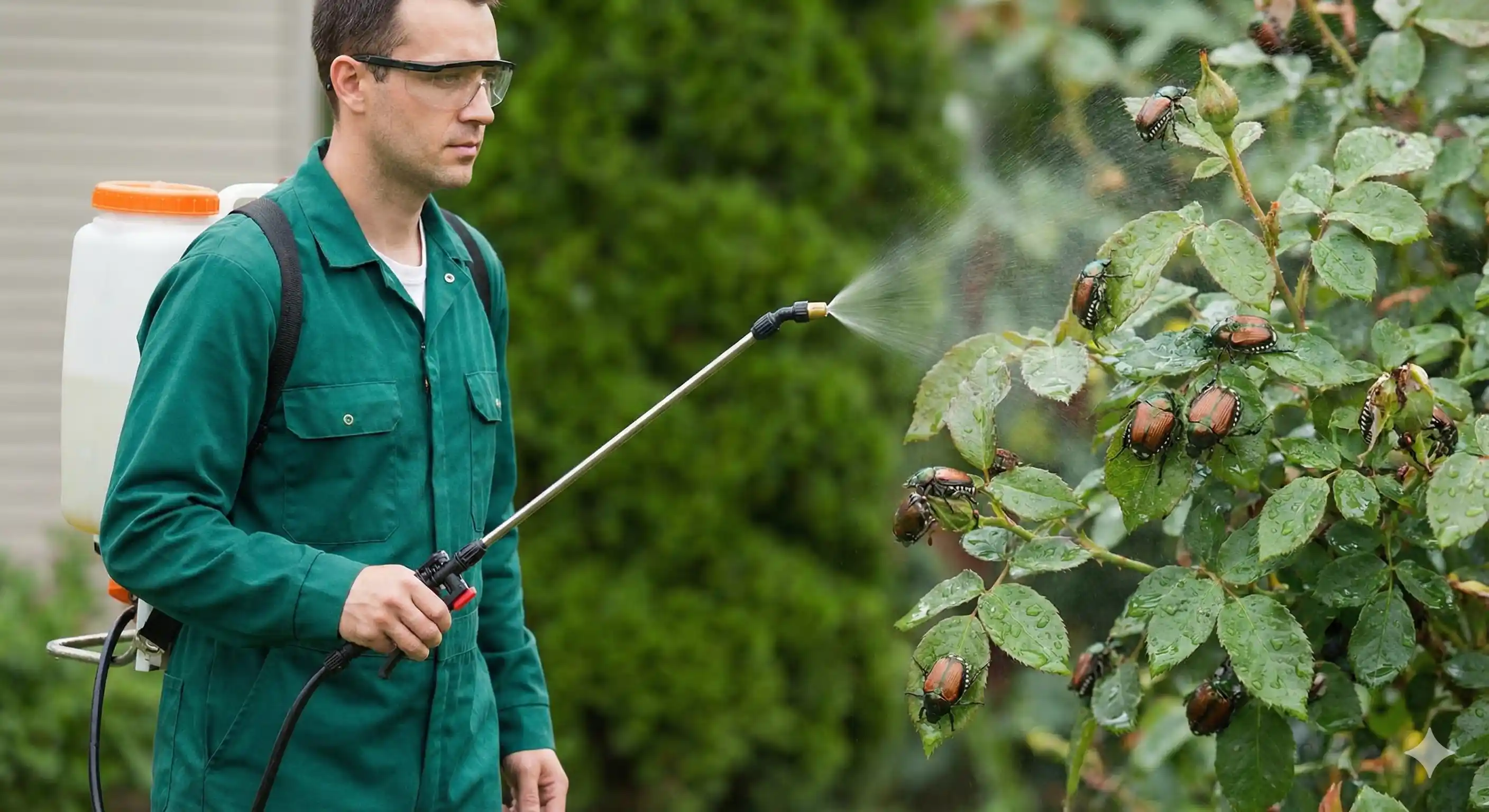 Technician applying foliar treatment to plants under Japanese beetle attack