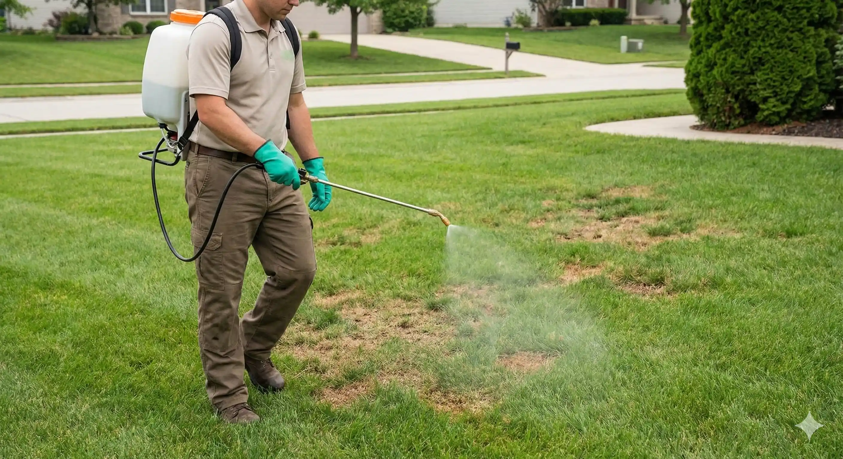 Technician treating lawn with curative grub control application
