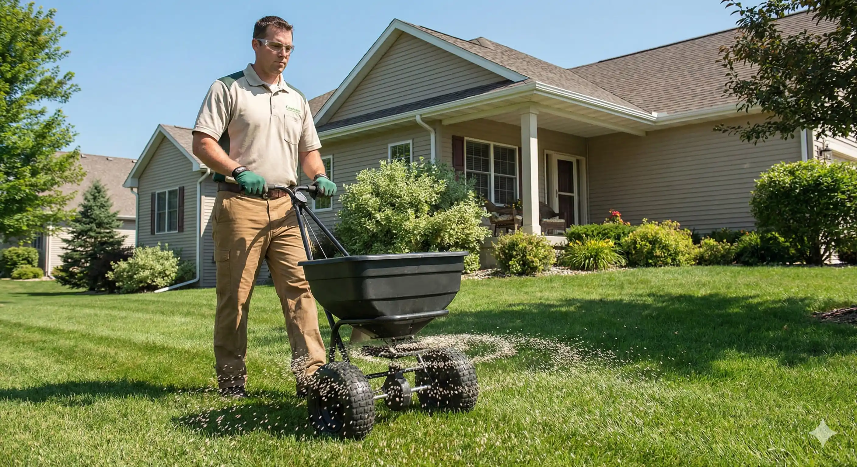 Professional applying preventive grub treatment to lawn soil