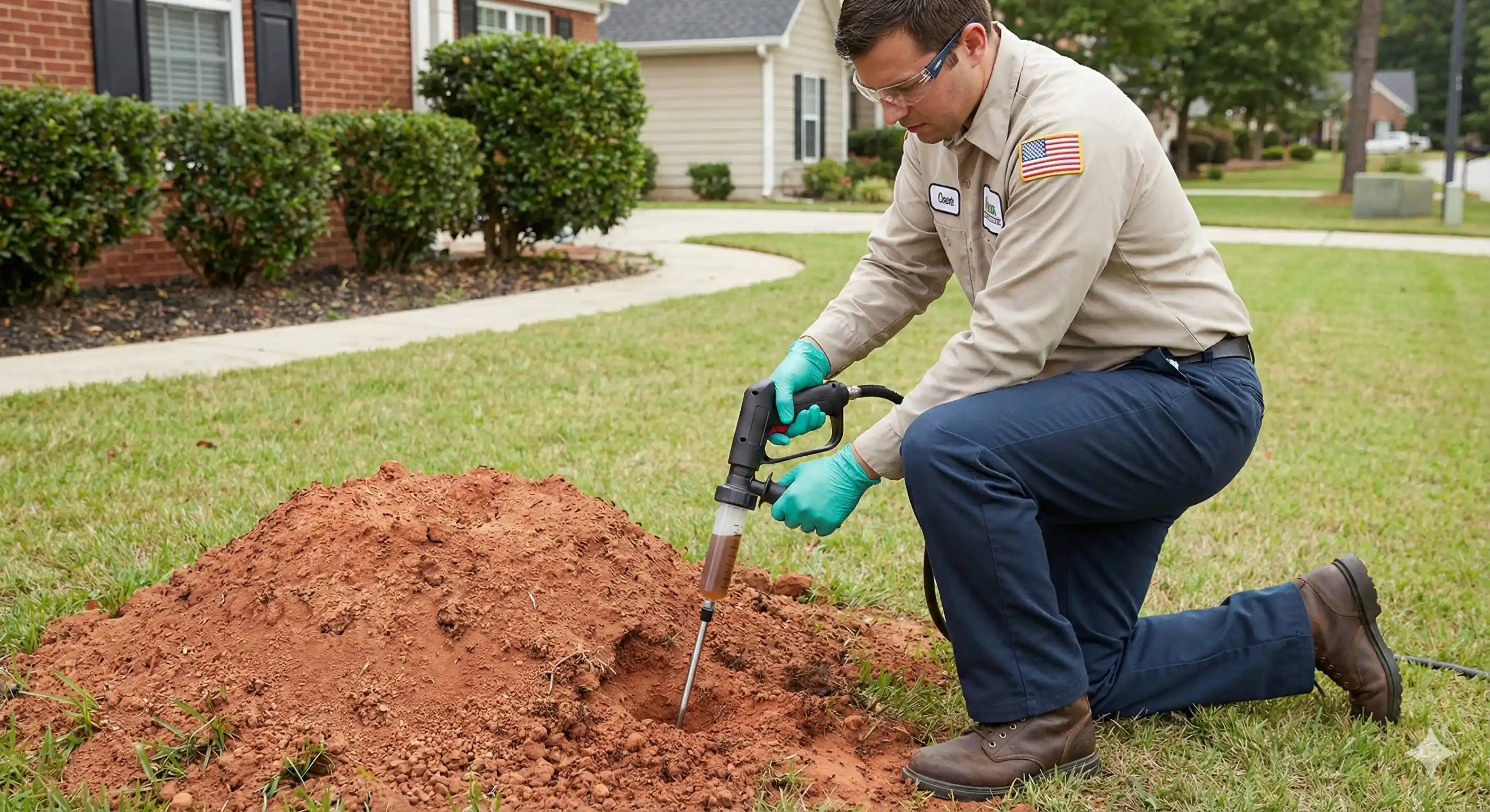 Technician treating fire ant mounds in residential lawn