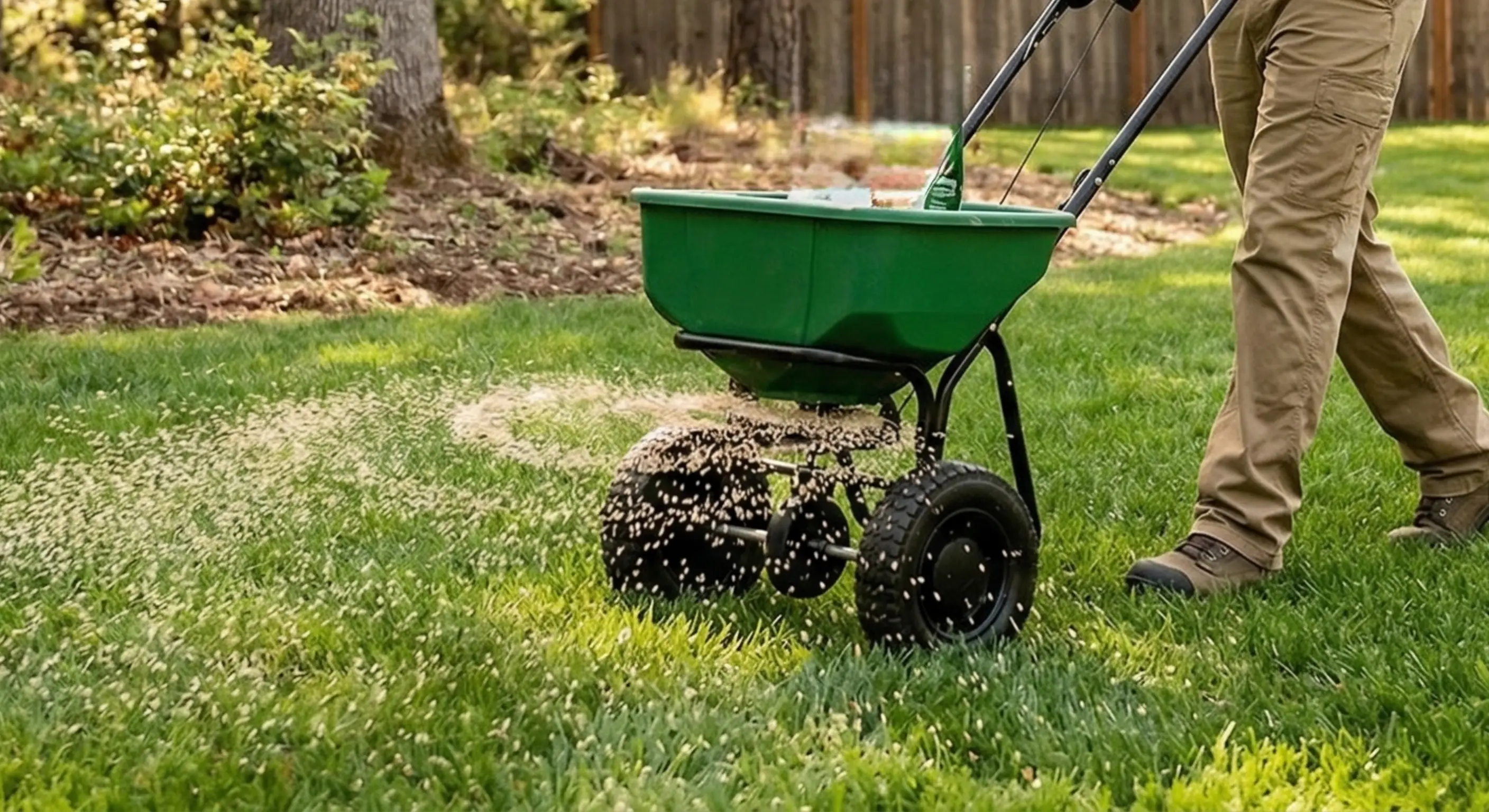 Professional applying fertilizer treatment to lush green lawn