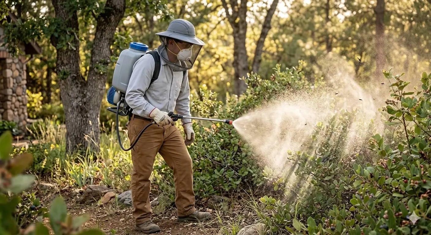 Technician applying mosquito control treatment to residential yard