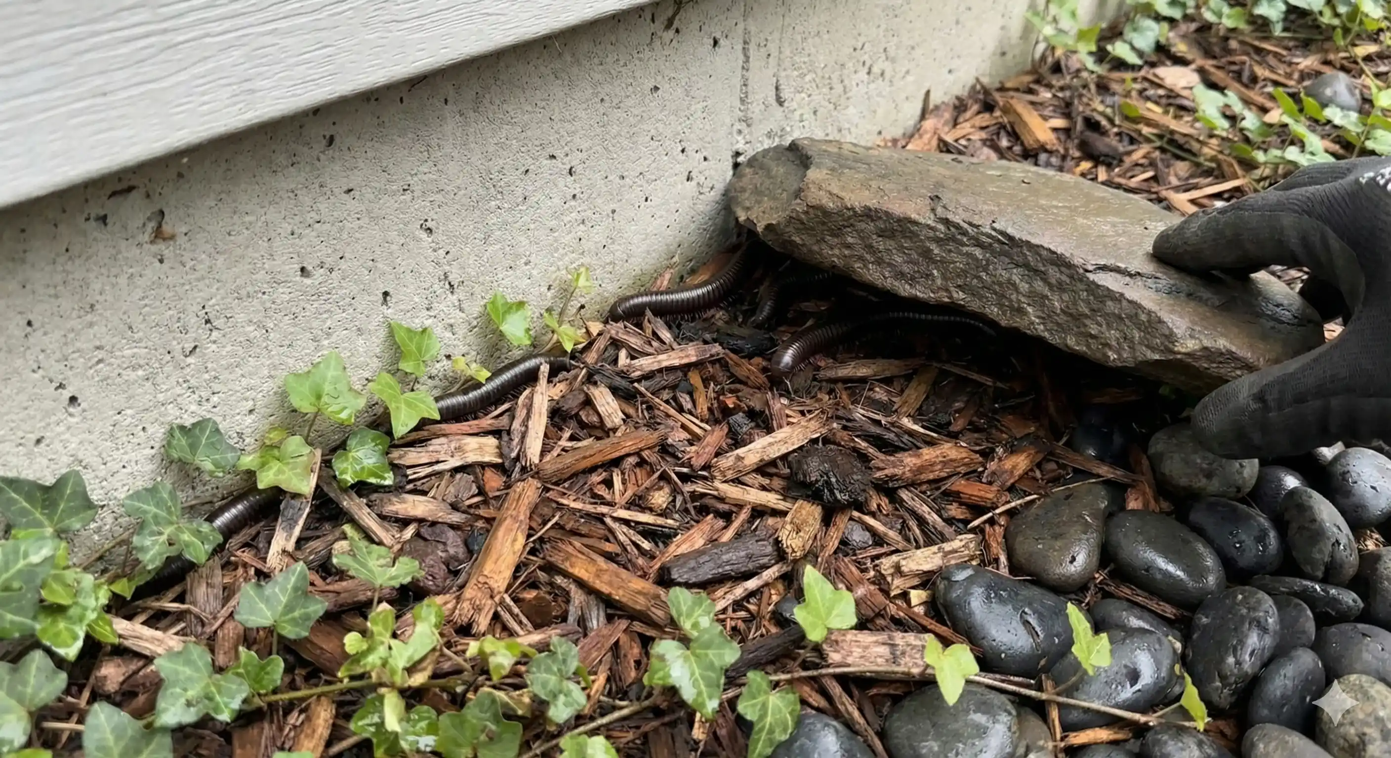 Mulch and ground cover against foundation creating millipede harborage