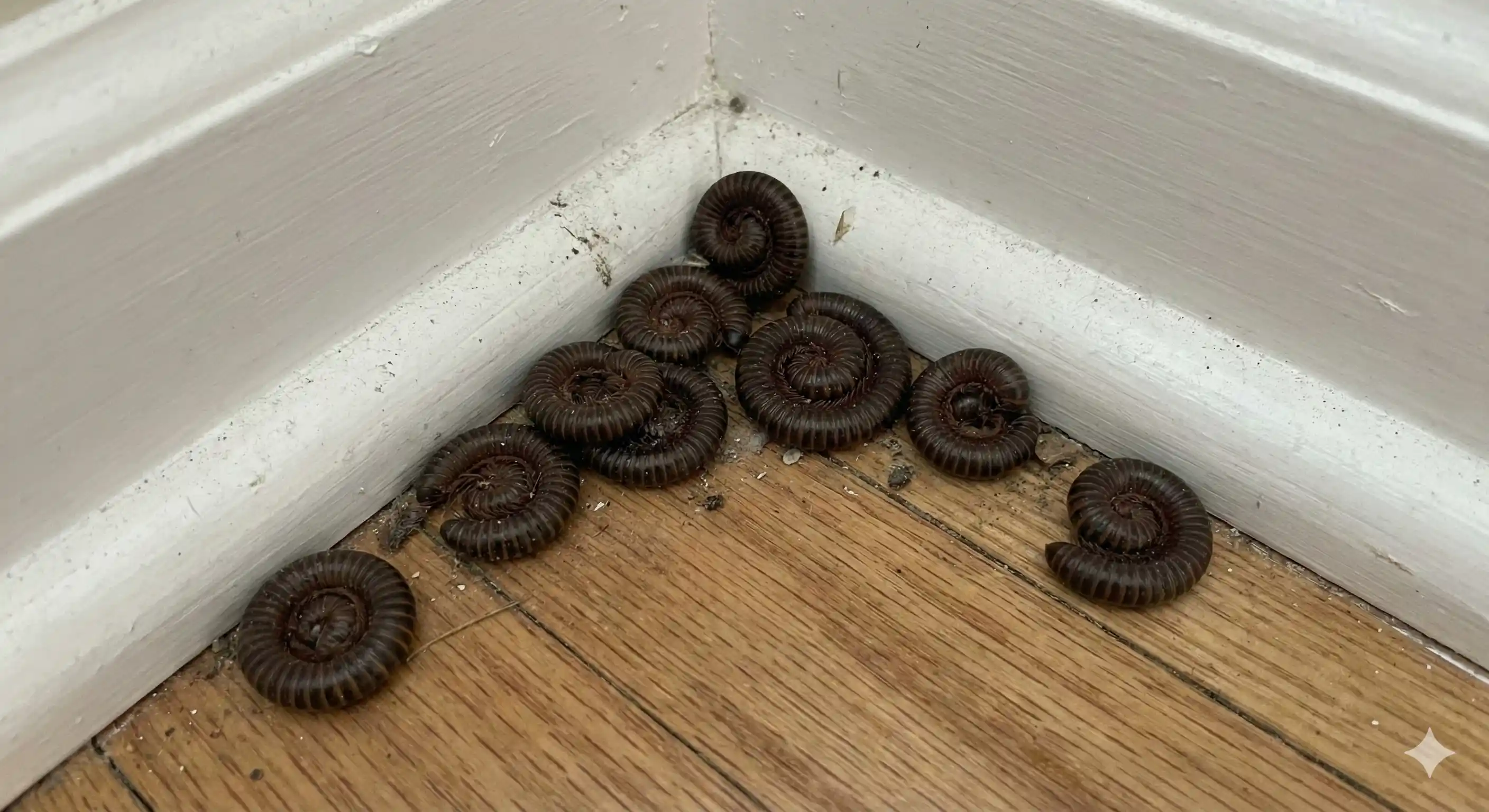 Accumulated dead millipedes near baseboard indicating invasion