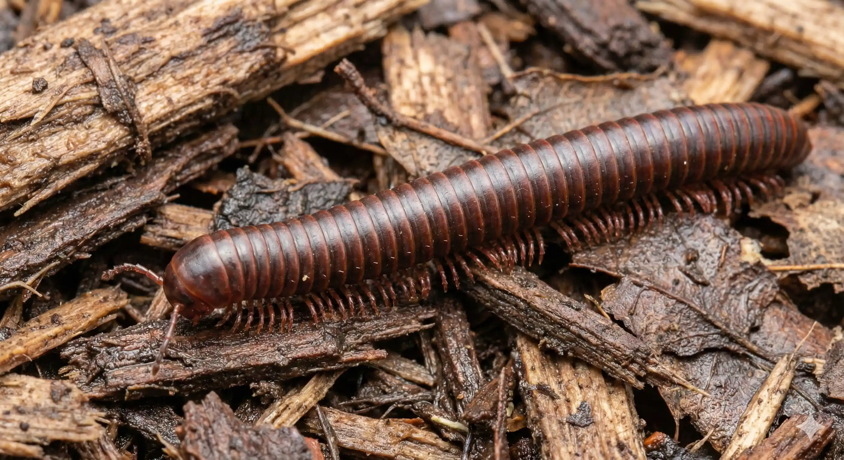 Live millipede with characteristic cylindrical body and numerous legs