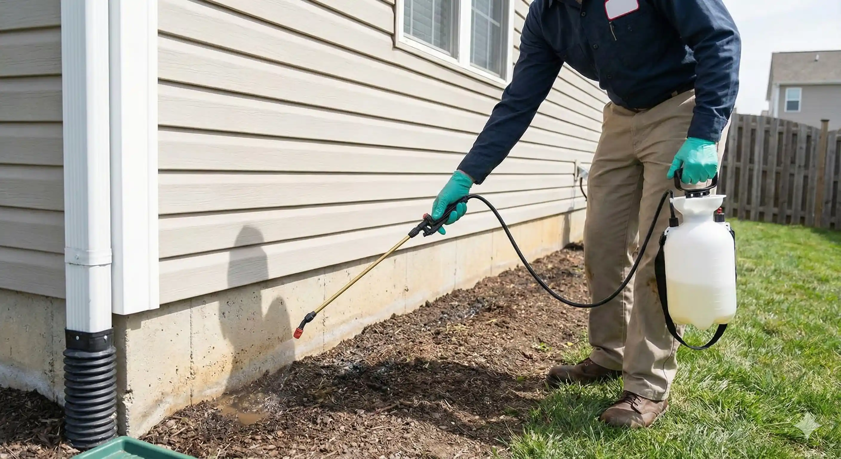 Technician applying perimeter barrier treatment around foundation for millipede control