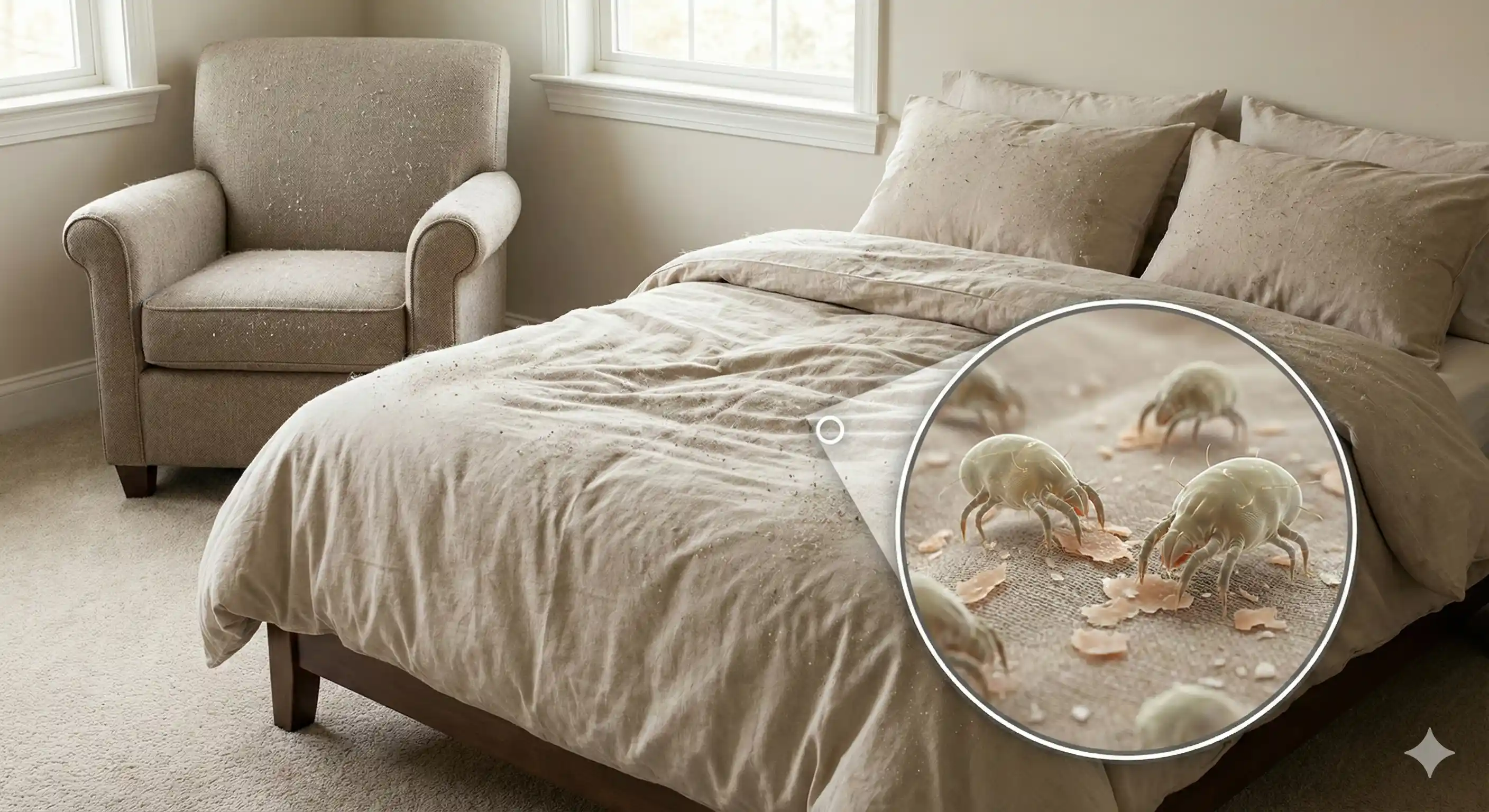 Bedding and carpet areas where dust mites accumulate