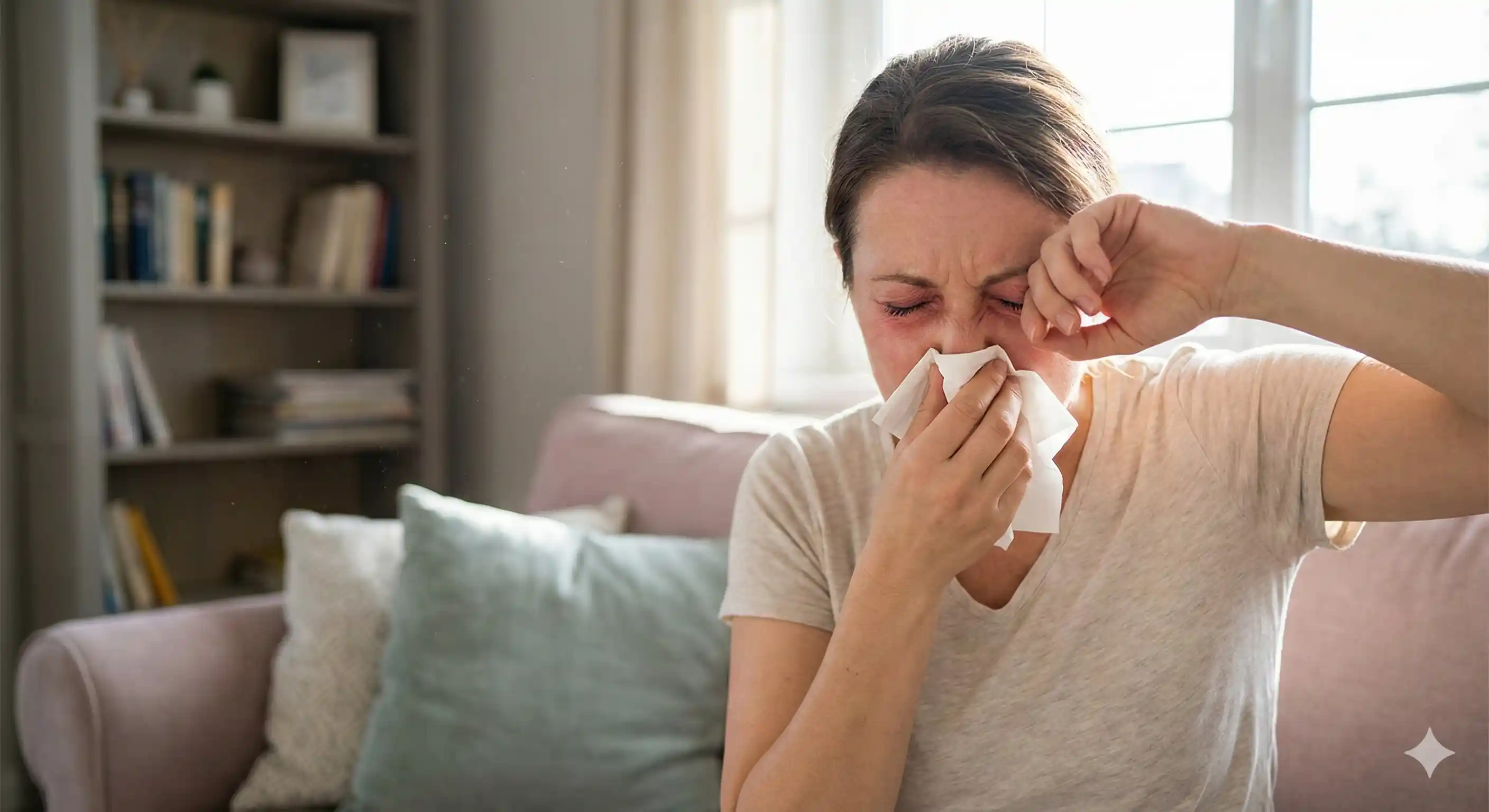 Person experiencing allergic symptoms from dust mite exposure