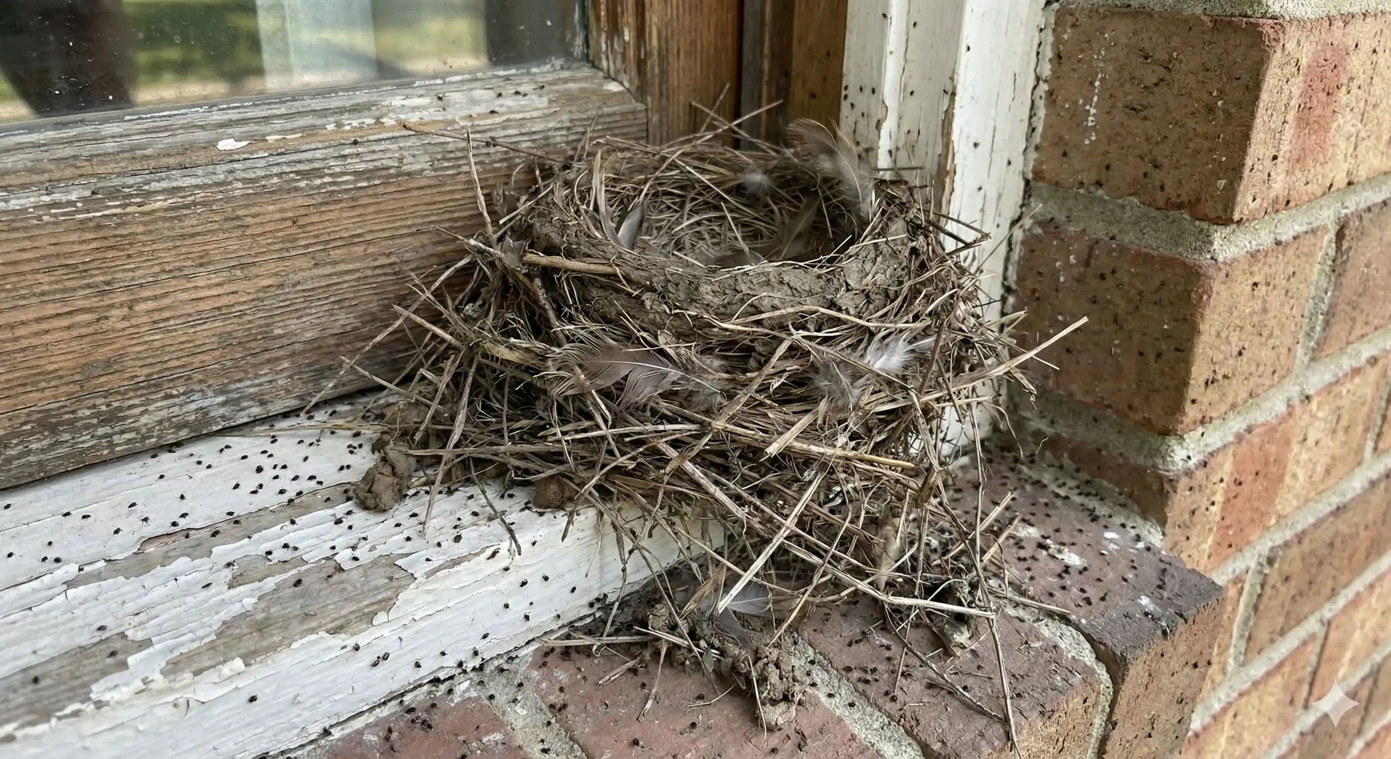 Bird nest near structure indicating potential mite source