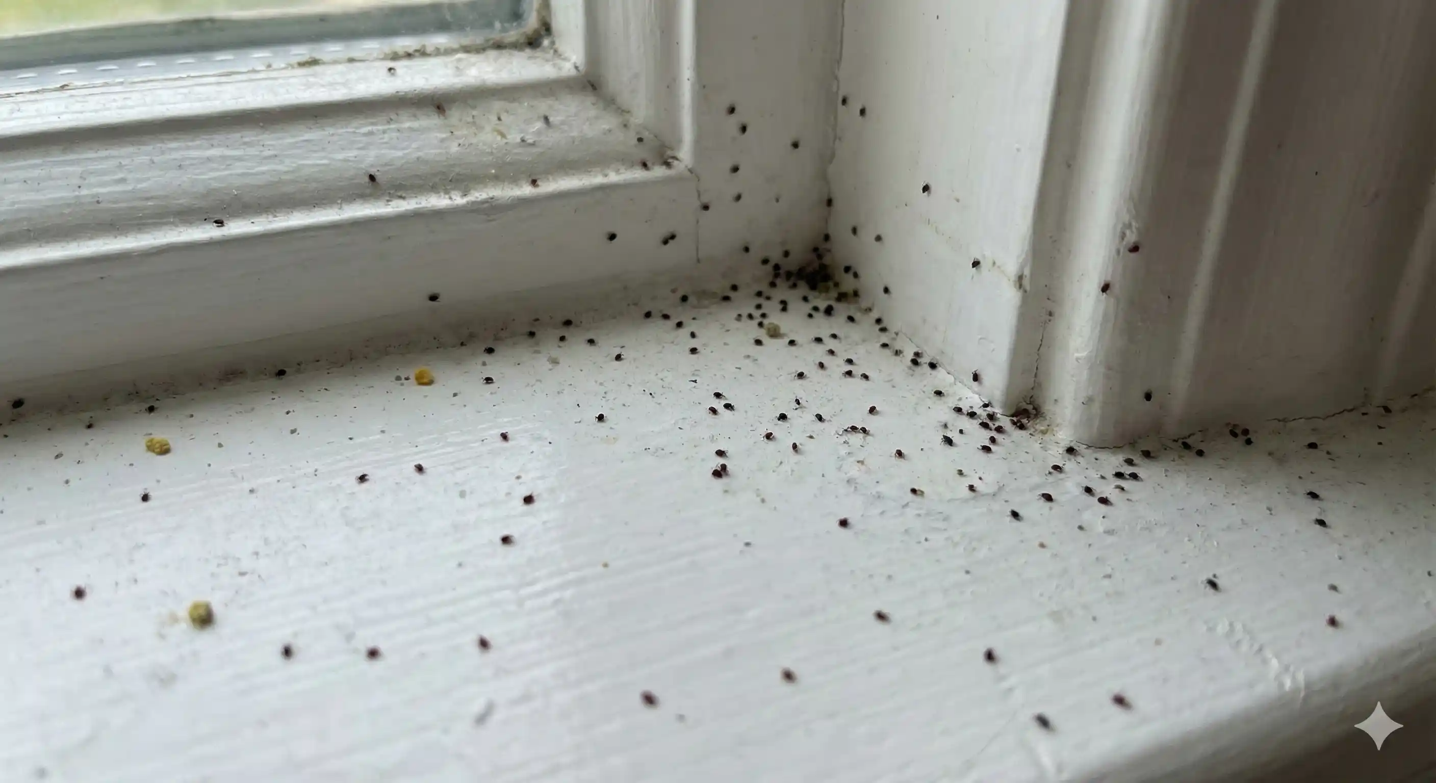 Visible mites appearing as tiny specks on surface