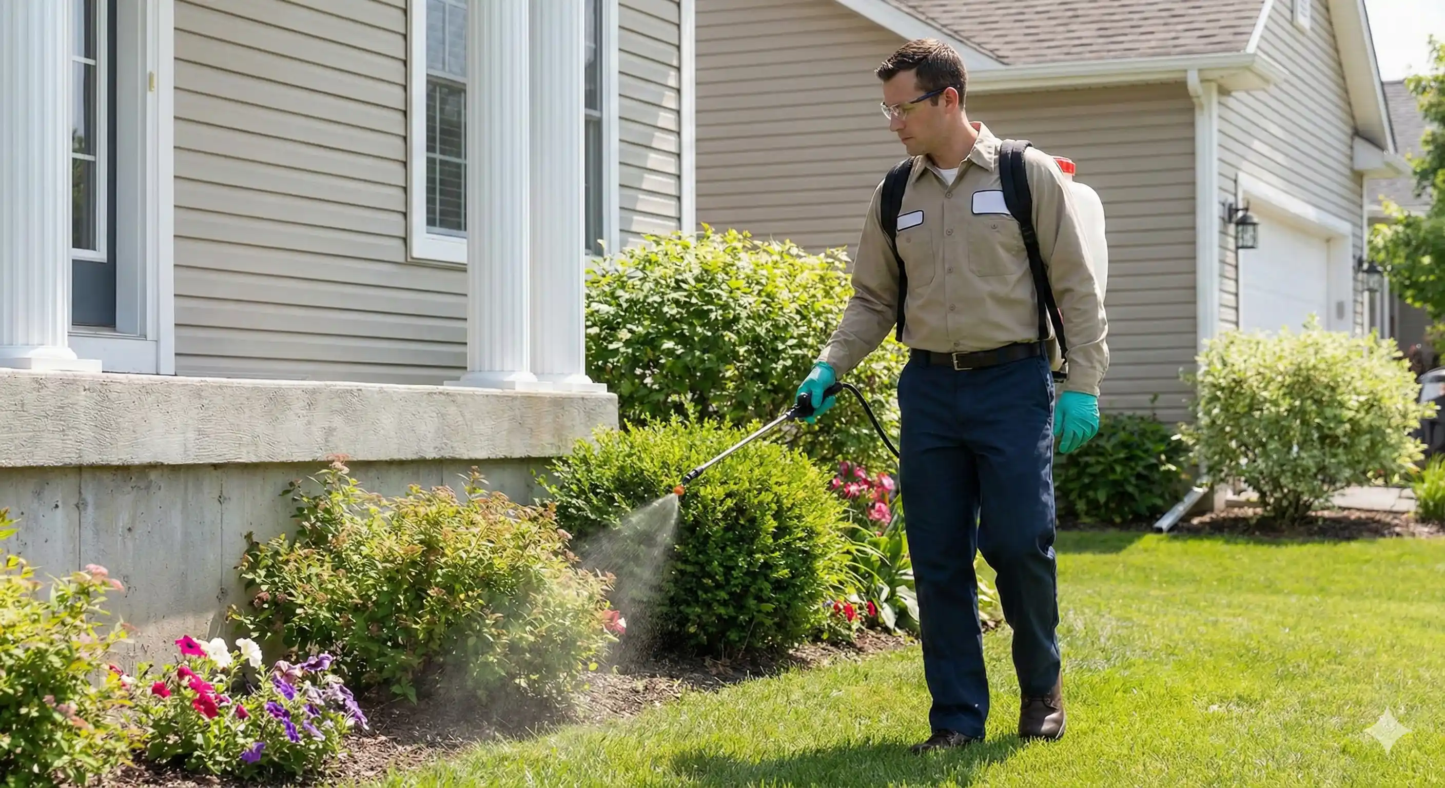 Technician applying exterior barrier treatment for mite prevention