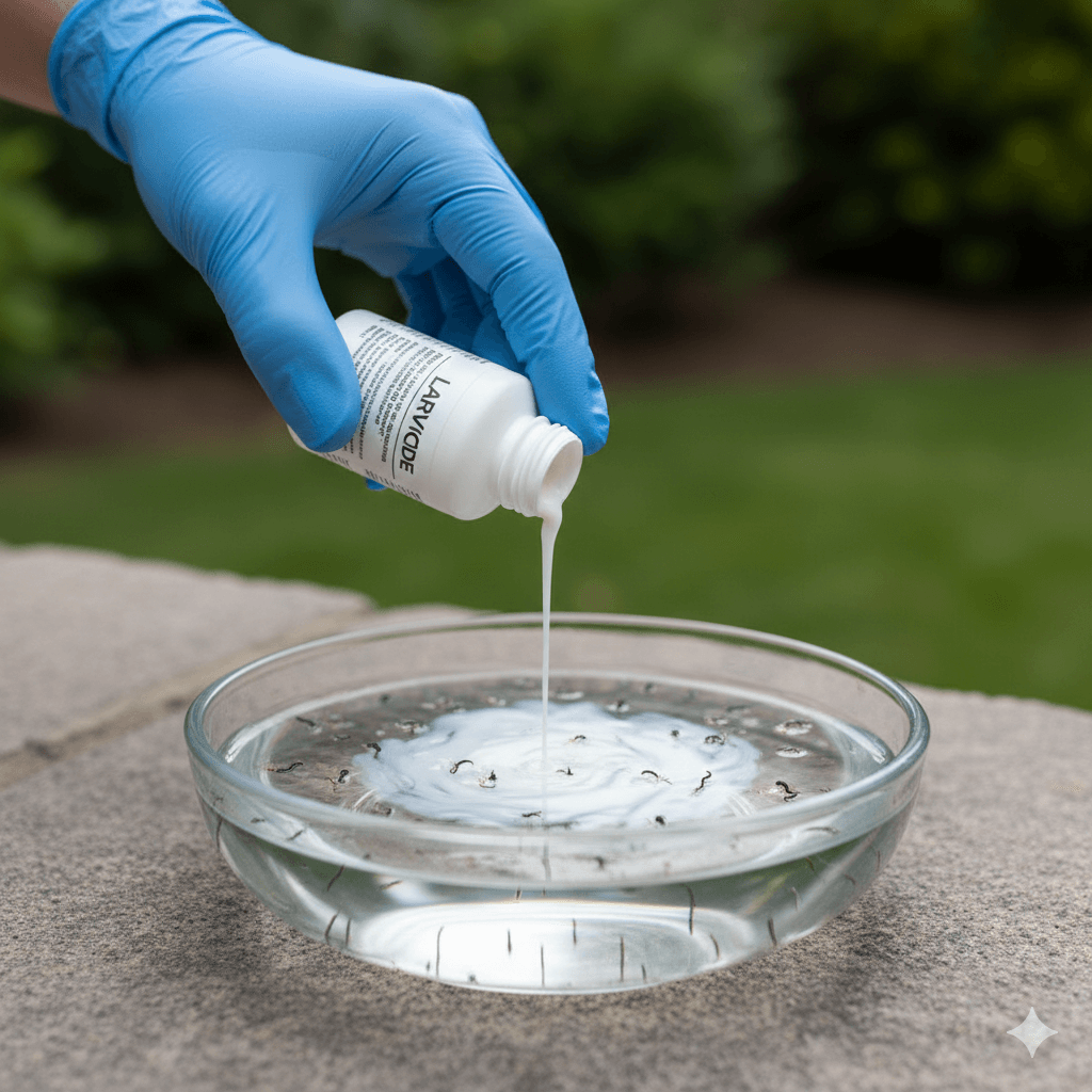 Biological larvicide treatment being applied to standing water for mosquito prevention