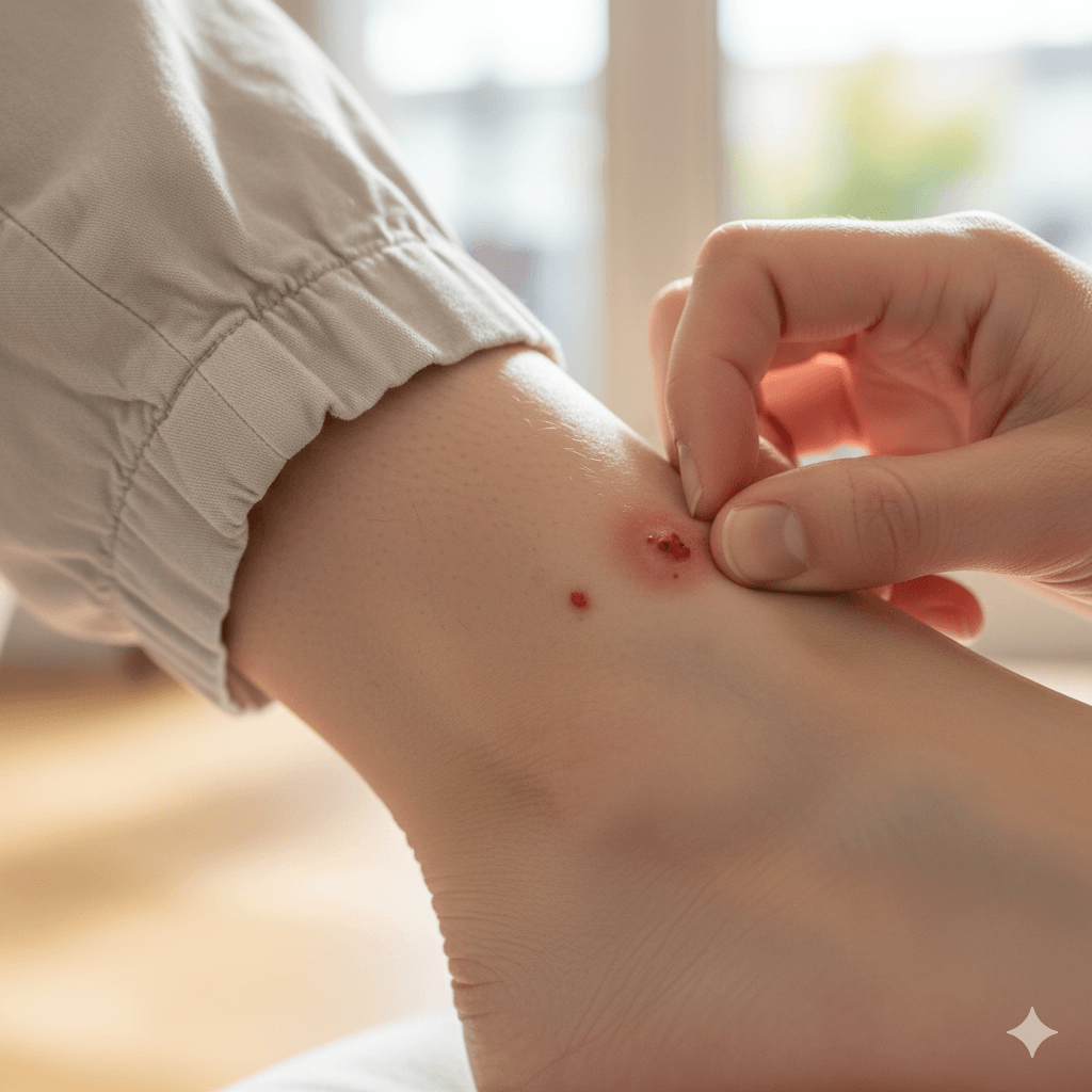 Multiple itchy red mosquito bites on human skin showing active infestation